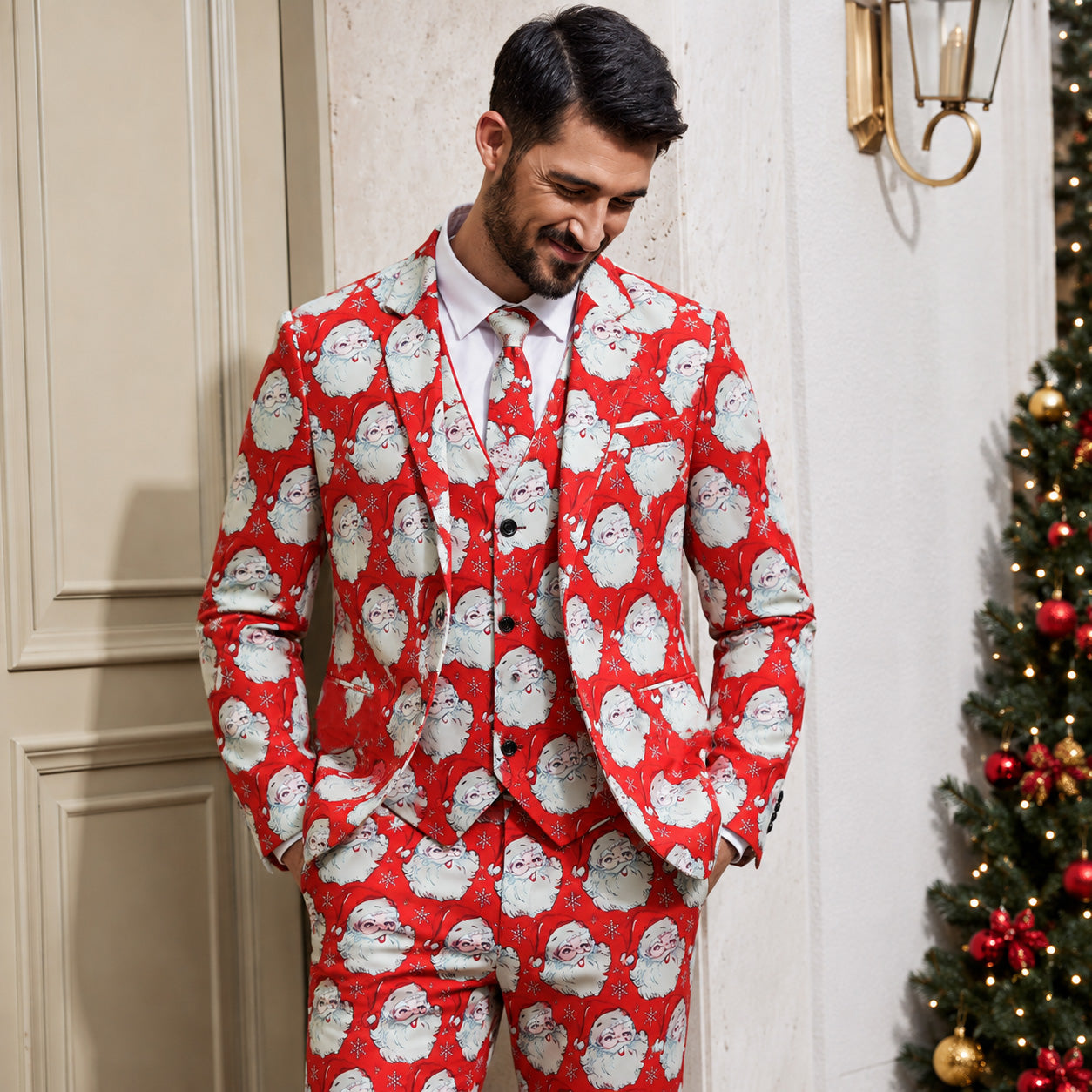 Men's Red Santa Claus Printed 3-Piece Christmas Suit with Vest and Pants - WISHOLIC
