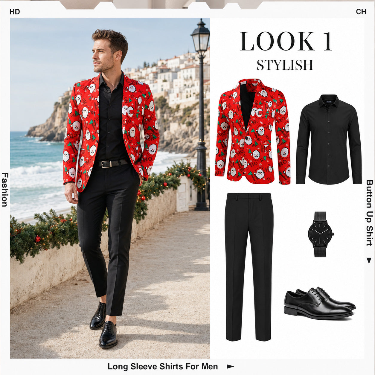 Outfit styling featuring a red Santa print blazer paired with black trousers and dress shoes by WISHOLIC.