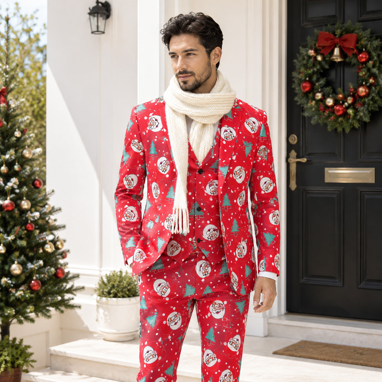 Men's red Santa Claus print 3-piece Christmas suit set with scarf standing outdoor by WISHOLIC