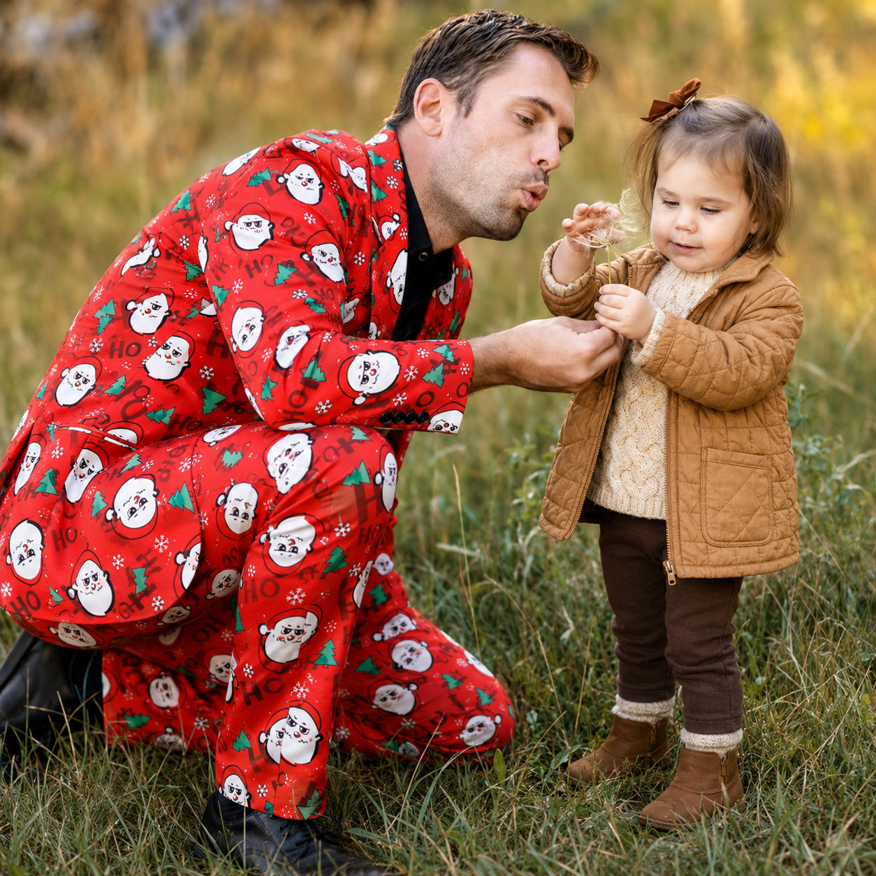 A man kneeling outdoors in a red Santa print suit while interacting with a toddler by WISHOLIC.