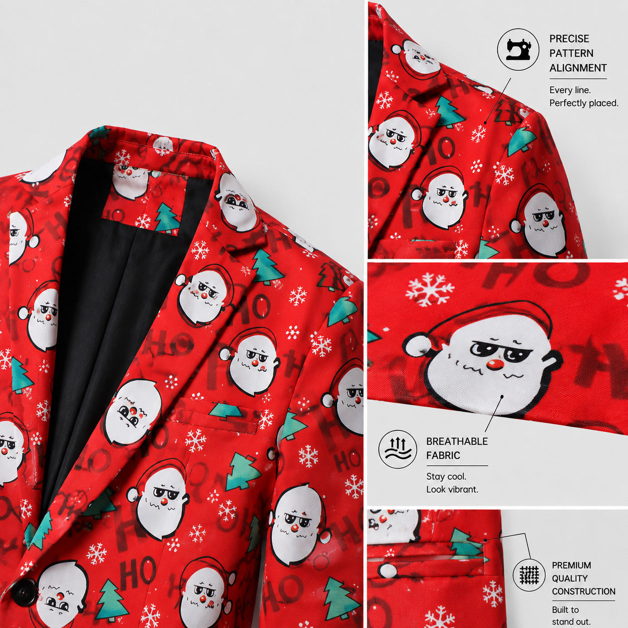 Detailed close-up views showing pattern alignment, breathable fabric, and premium stitching of the red Santa print suit jacket by WISHOLIC.