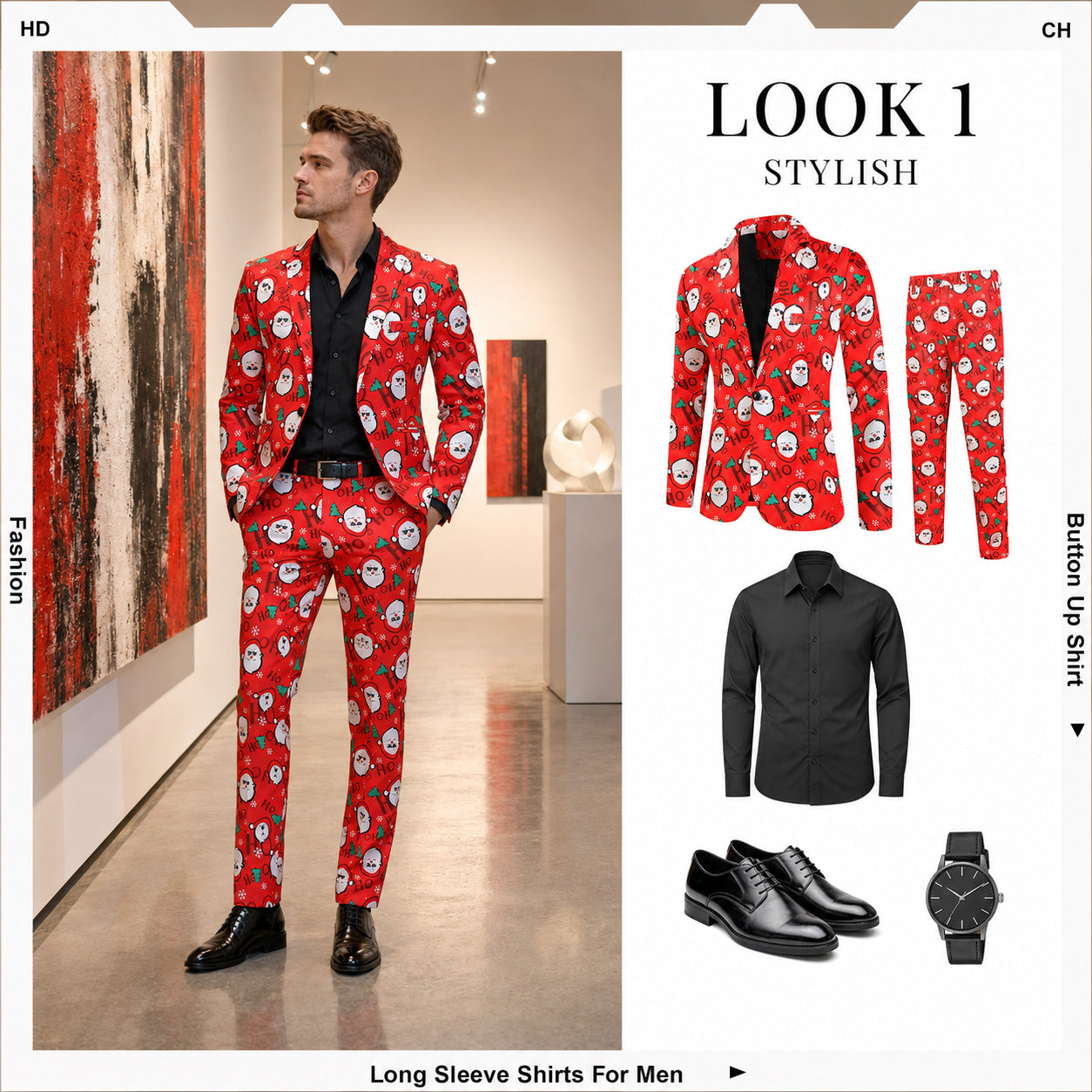 Full body view and outfit combination for a 2-piece red Santa printed suit and black dress shirt by WISHOLIC.