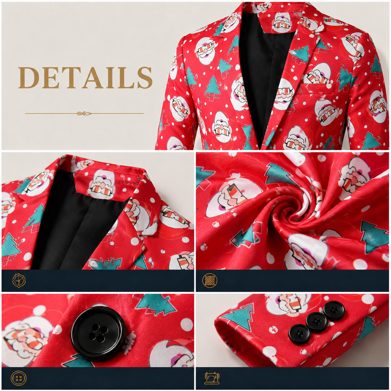 Close-up details of red Santa printed suit lapel fabric and sleeve buttons by WISHOLIC