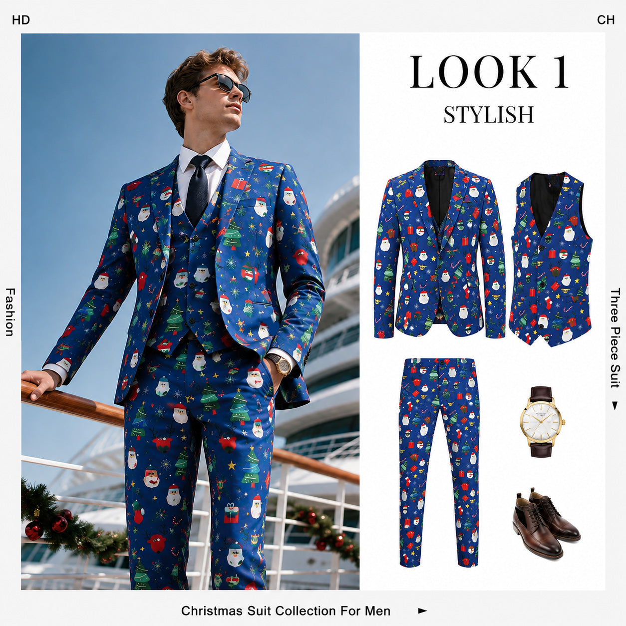 Men's royal blue 3-piece Christmas print suit and vest collection - WISHOLIC