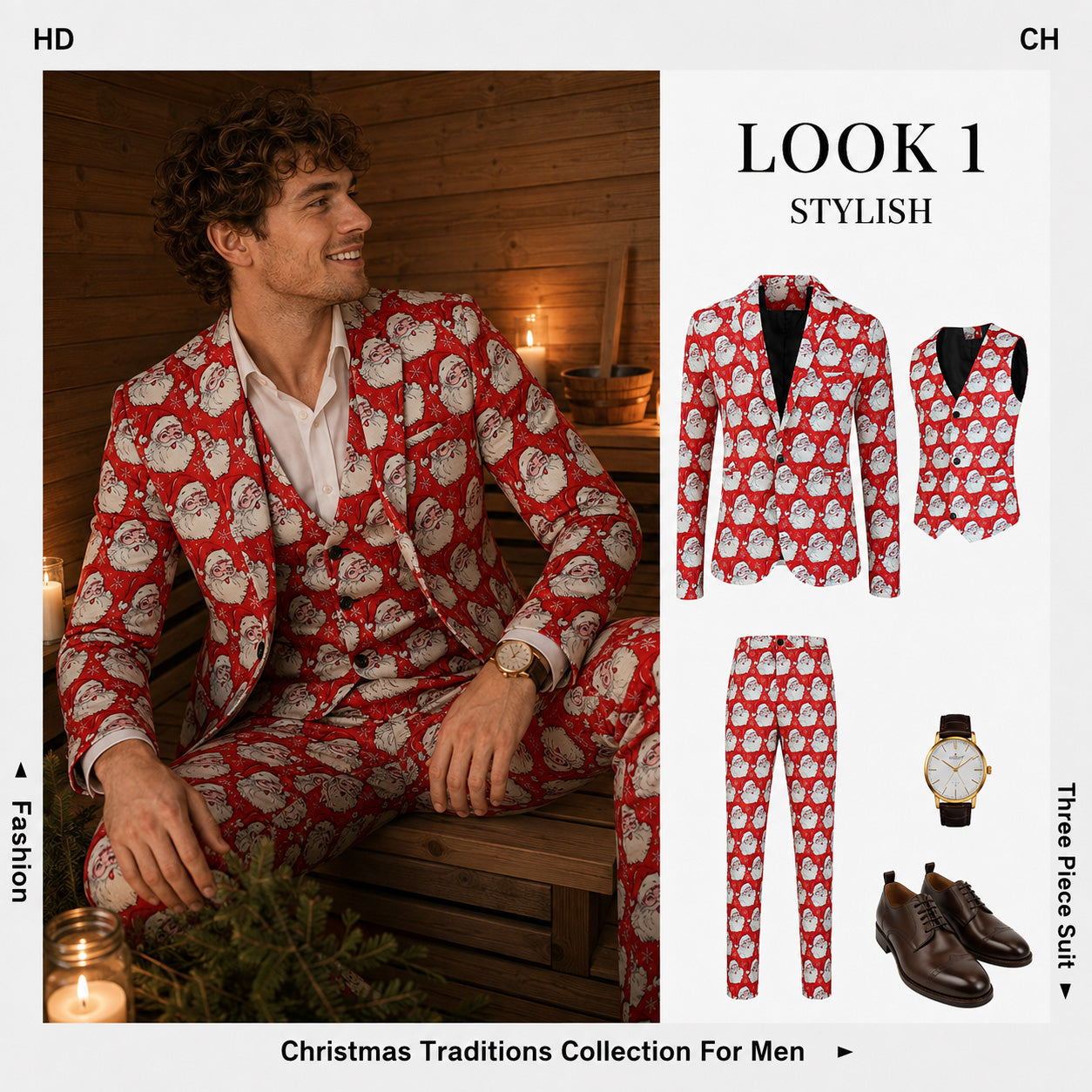 Men's 3-piece Santa Claus printed suit flat lay showing jacket, vest, and pants set - WISHOLIC