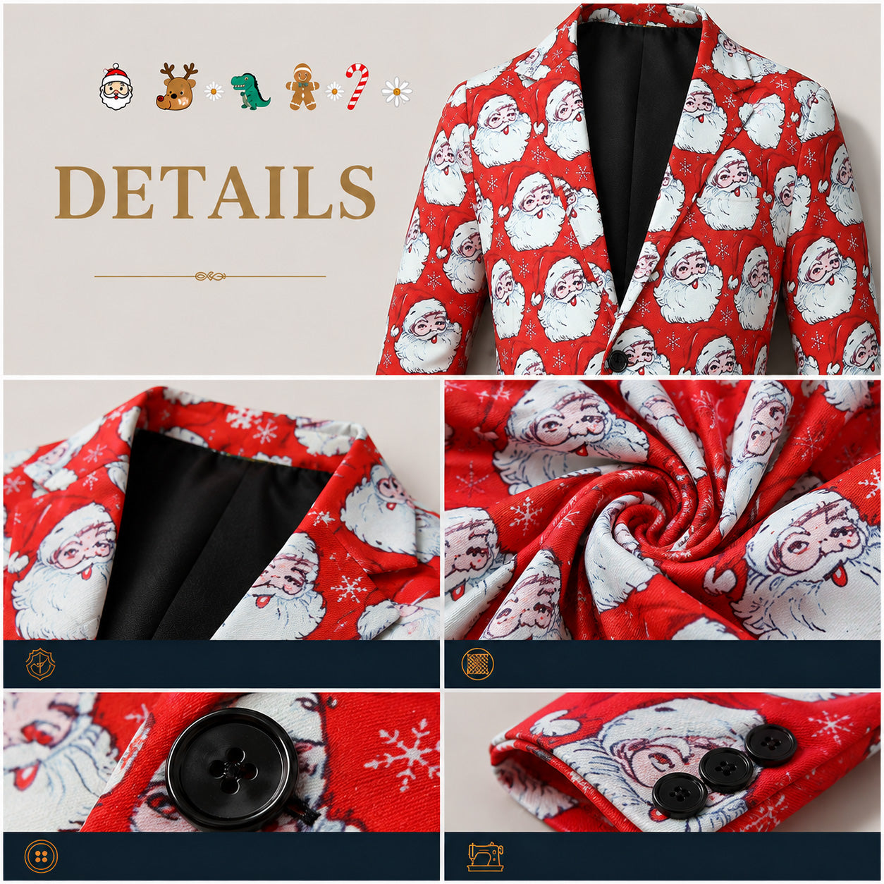 Close-up details of Santa Claus print Christmas suit lapel, fabric texture, and buttons - WISHOLIC