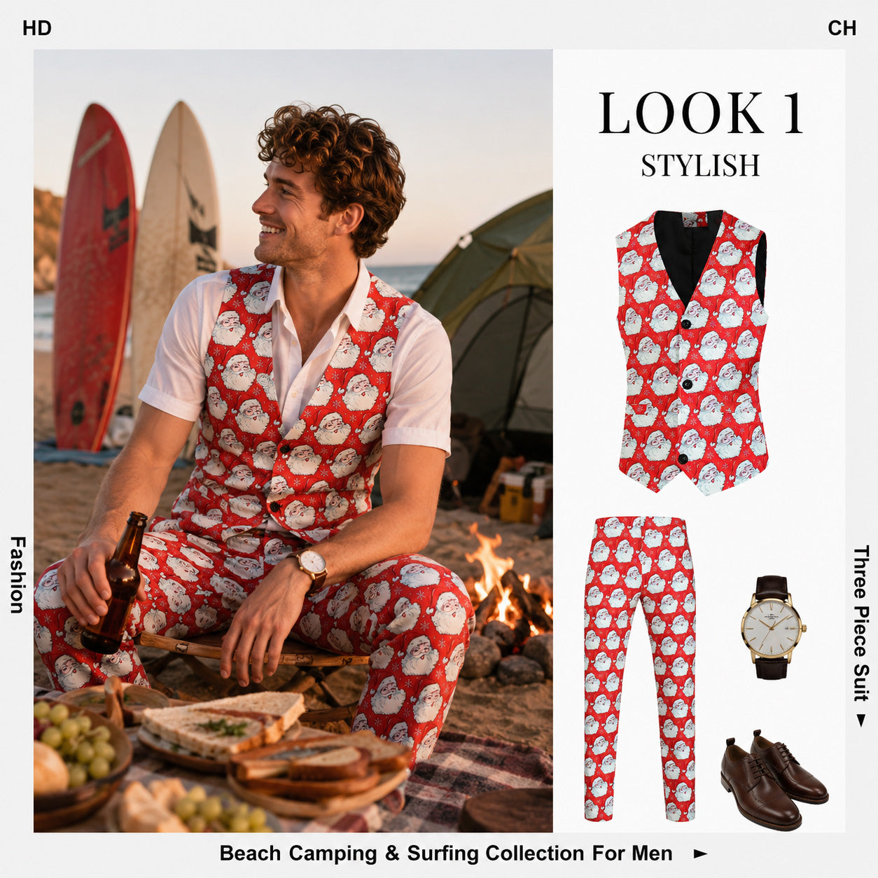 Man wearing red Santa Claus print vest and matching trousers for beach or party - WISHOLIC