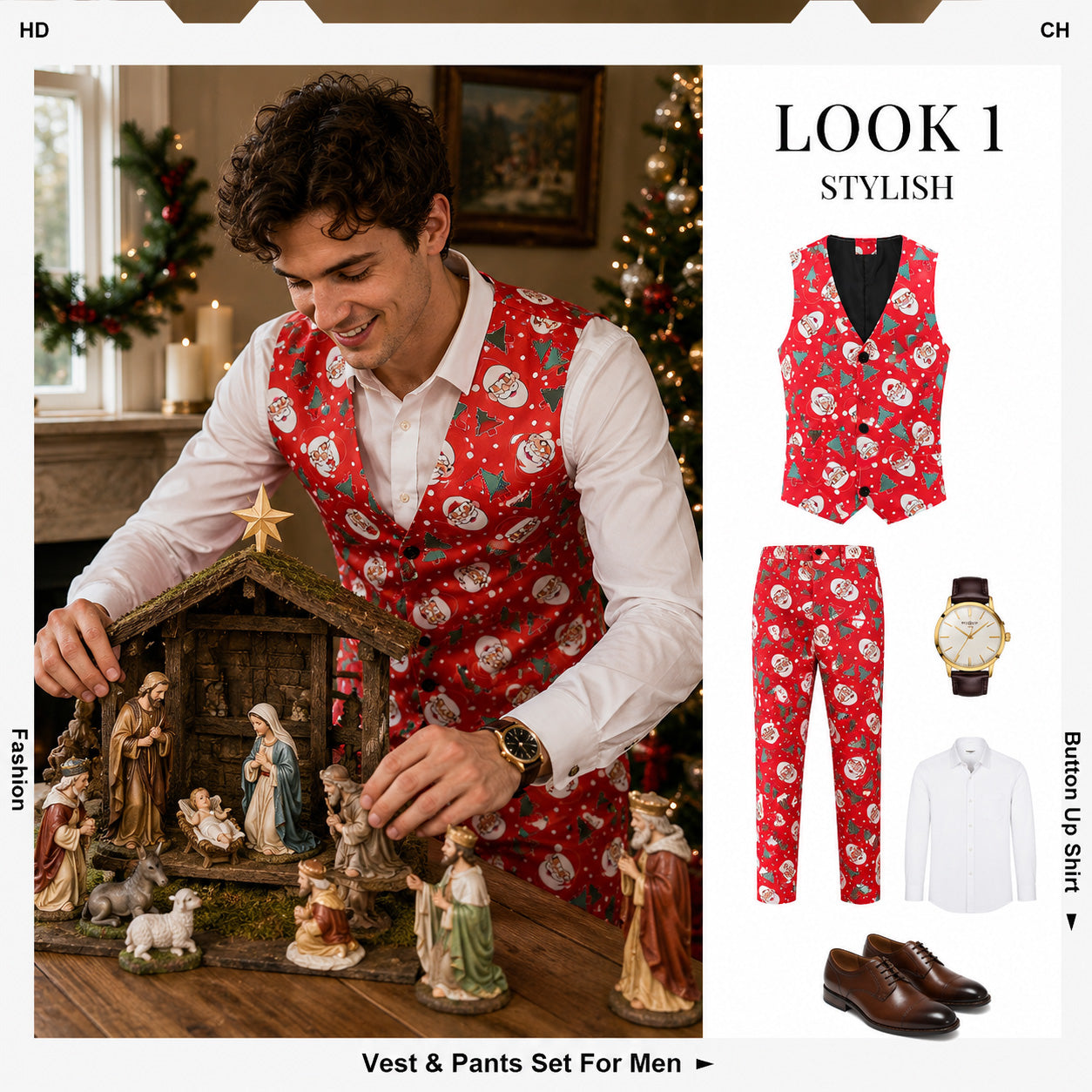 Men's red Santa print vest and pants set outfit combination display by WISHOLIC