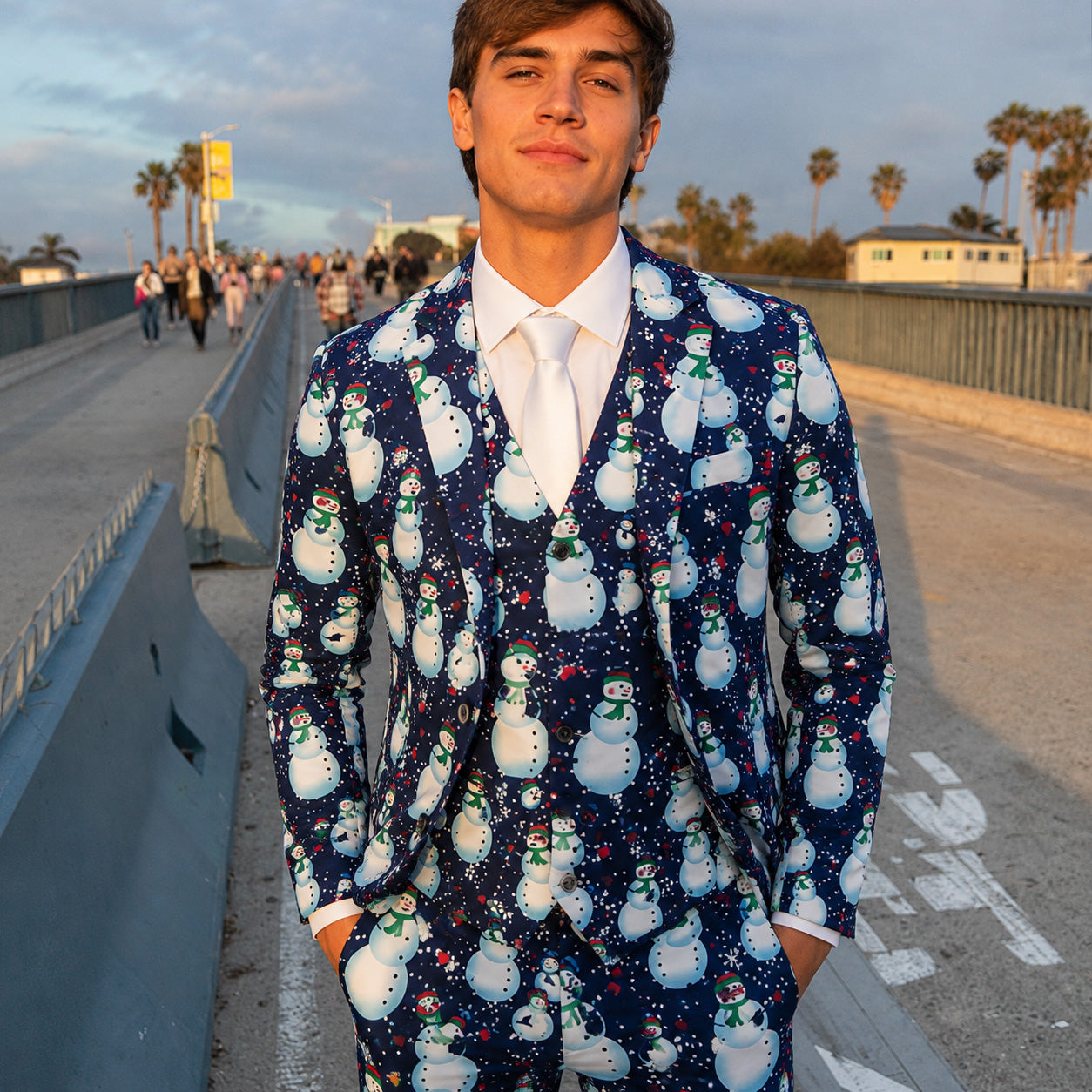 Men's navy blue snowman print 3-piece suit front view featuring festive jacket, vest, and trousers | WISHOLIC