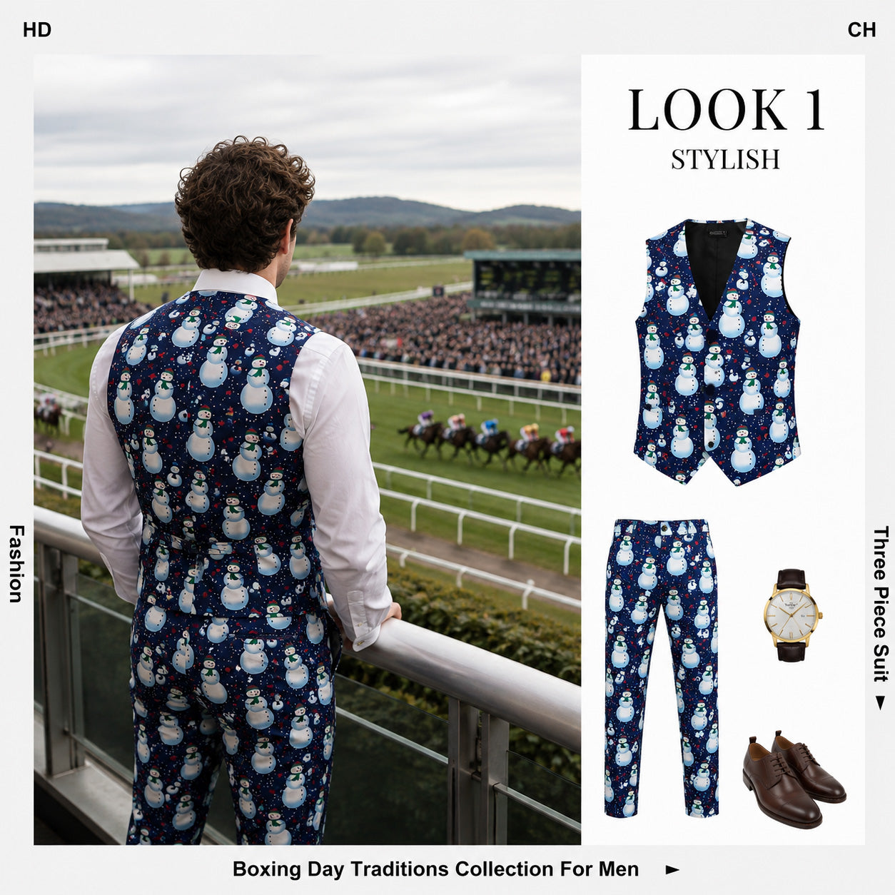 Back view of model wearing men's snowman print vest and pants outfit layout | WISHOLIC