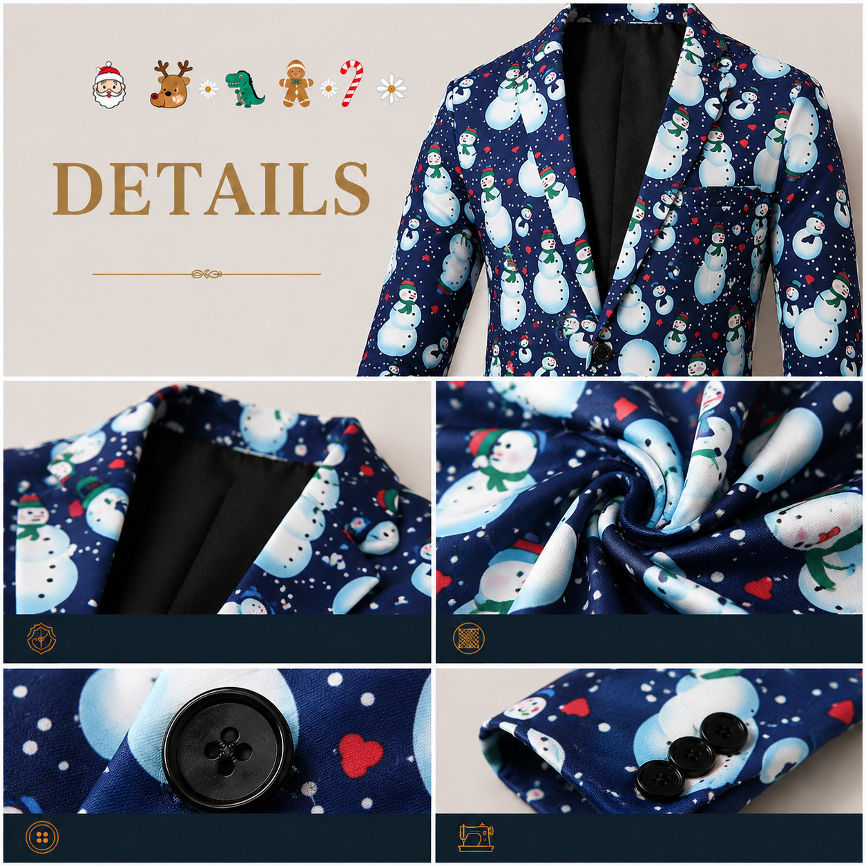 Detailed close-up shot of fabric pattern, collar, buttons, and sleeve cuff of men's snowman suit | WISHOLIC