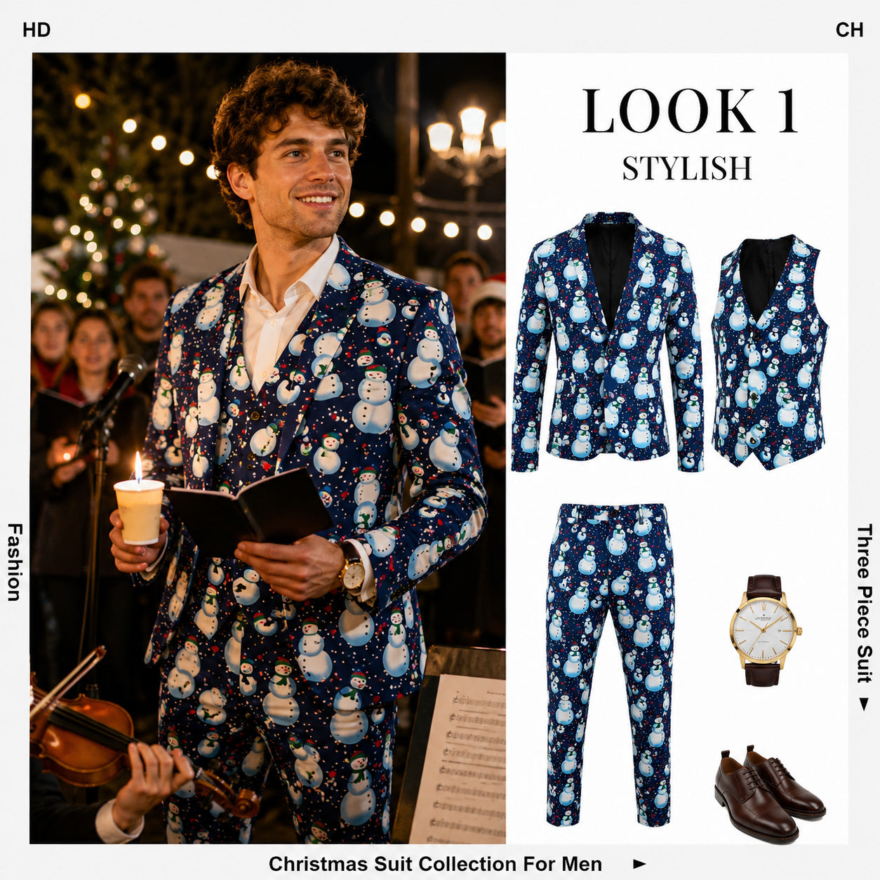 Men's Christmas snowman suit outfit collection featuring 3-piece suit matching shoes and watch | WISHOLIC