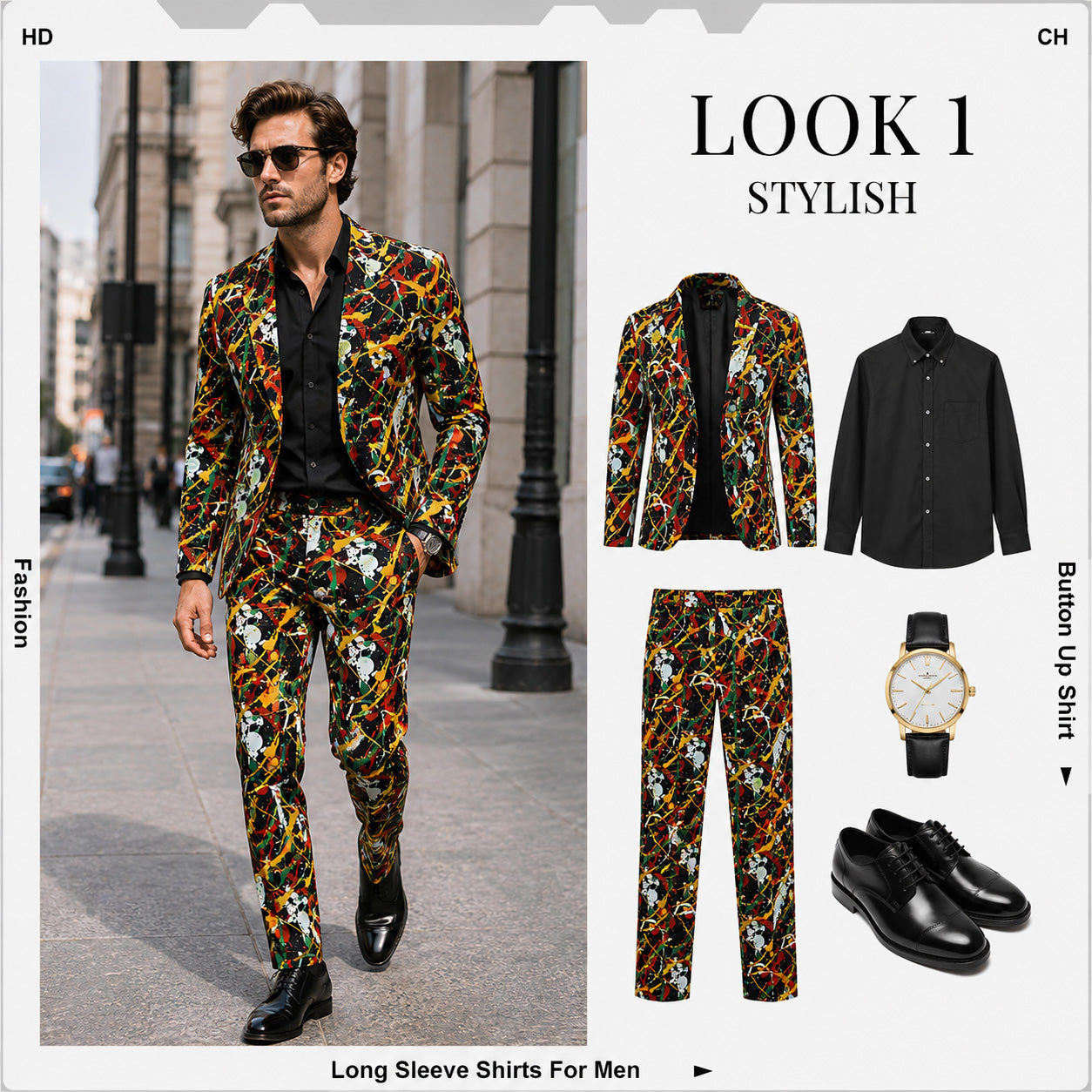Get the complete stylish look.
See how to pair our full splatter paint suit with a classic black button-up shirt, leather shoes, and a gold watch.