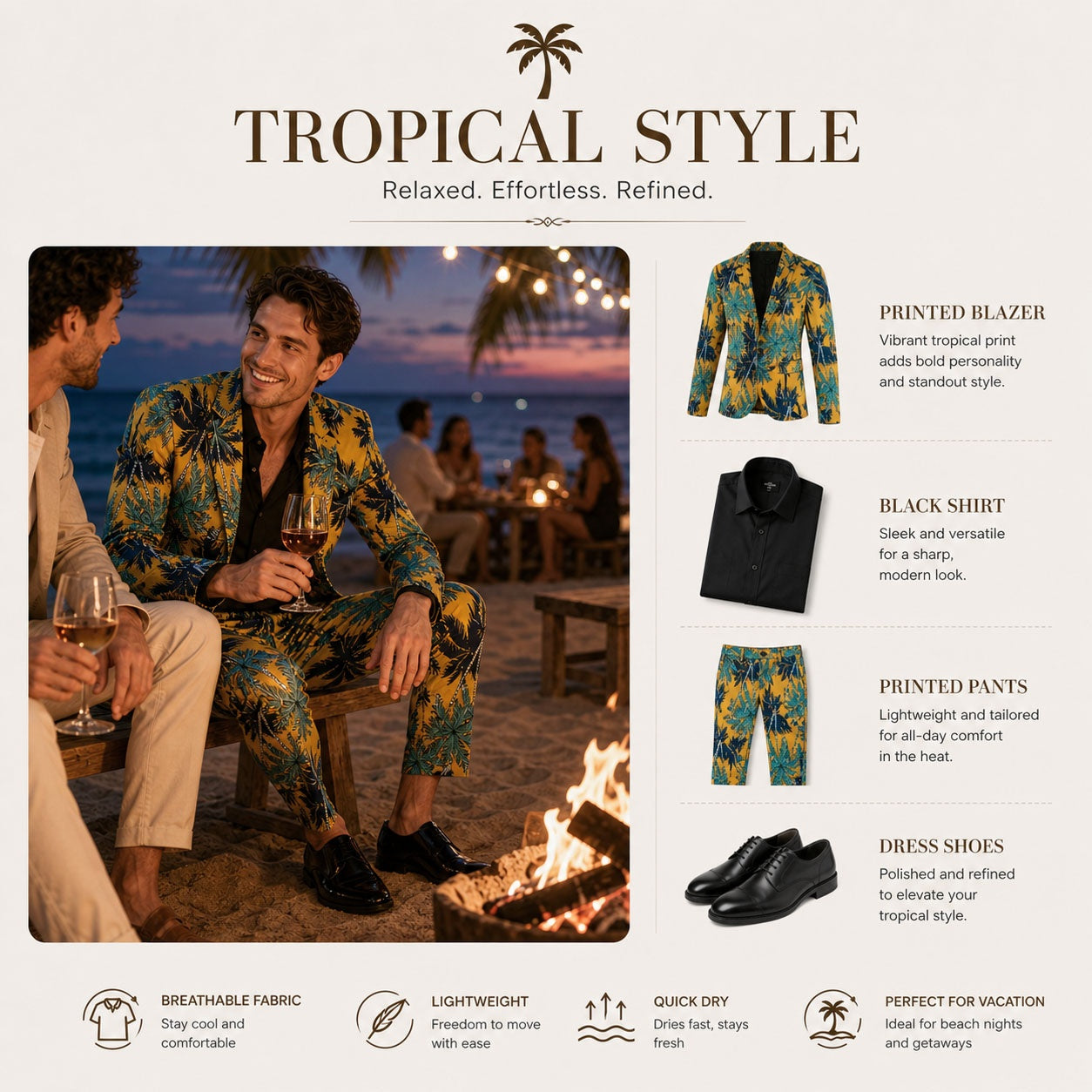 Men's tropical suit styling guide with black shirt and dress shoes for evening