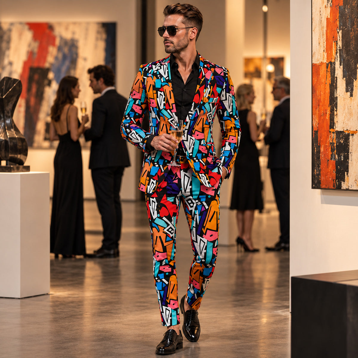 Man wearing a vibrant abstract printed suit at an art gallery event