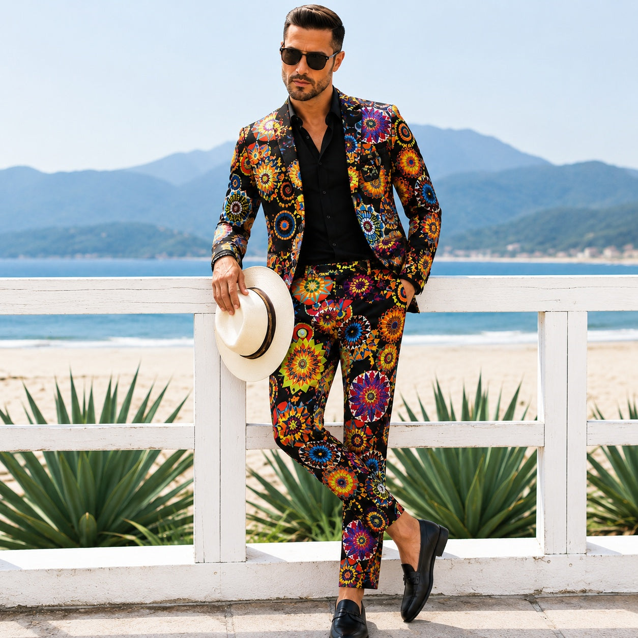 Front view of a tailored mens colorful patterned suit in a high-saturation geometric print, leaning on a white beachfront railing with a panama hat.
