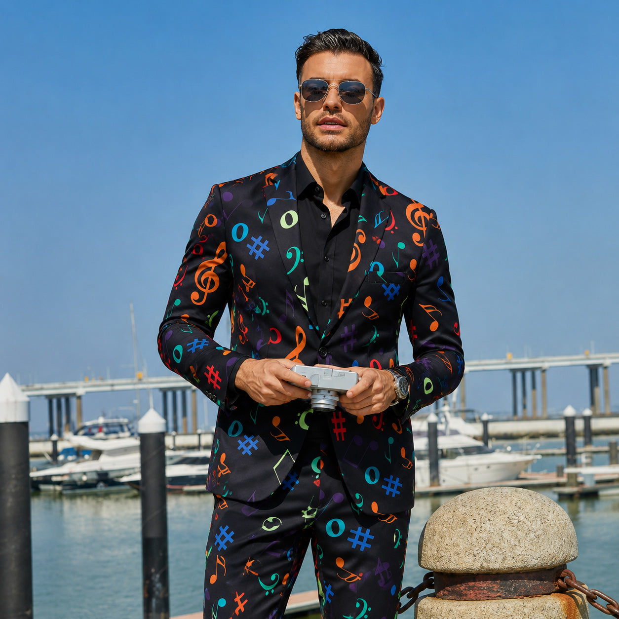 A confident man in sunglasses holding a vintage camera, wearing a Wisholic vibrant musical note printed suit at a sunny yacht marina.