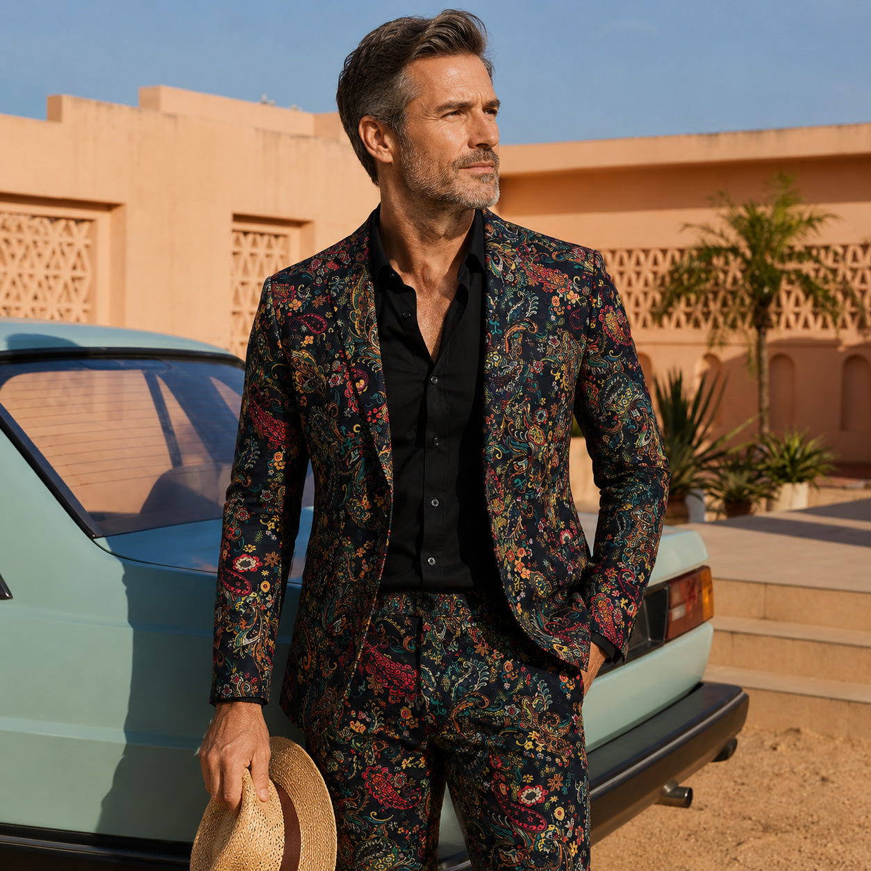 Model wearing a vibrant men's paisley print suit with a black dress shirt, holding a straw hat next to a classic blue car in sunny outdoor setting.