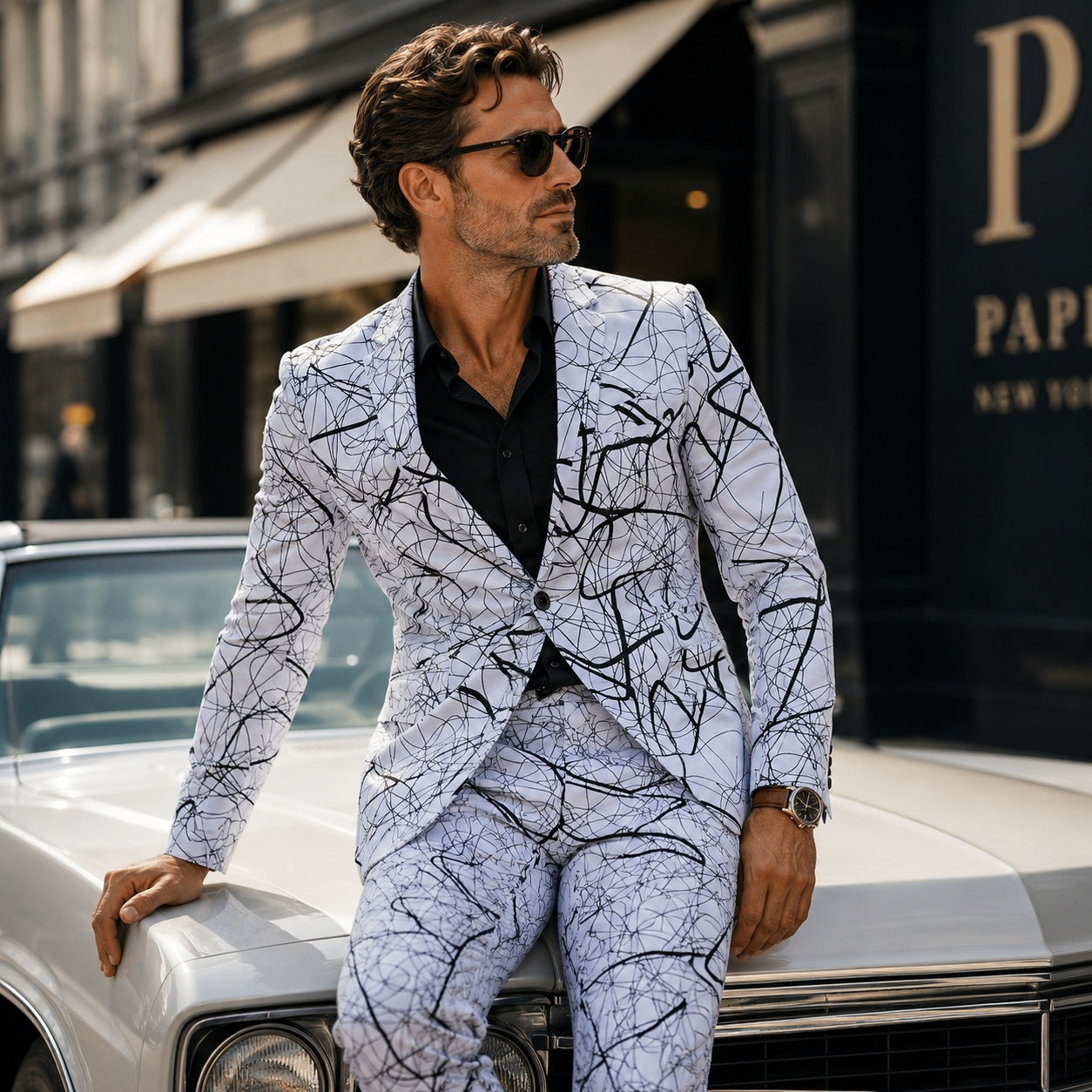 Mature man wearing a white and black abstract scribble print suit leaning on a vintage silver car.