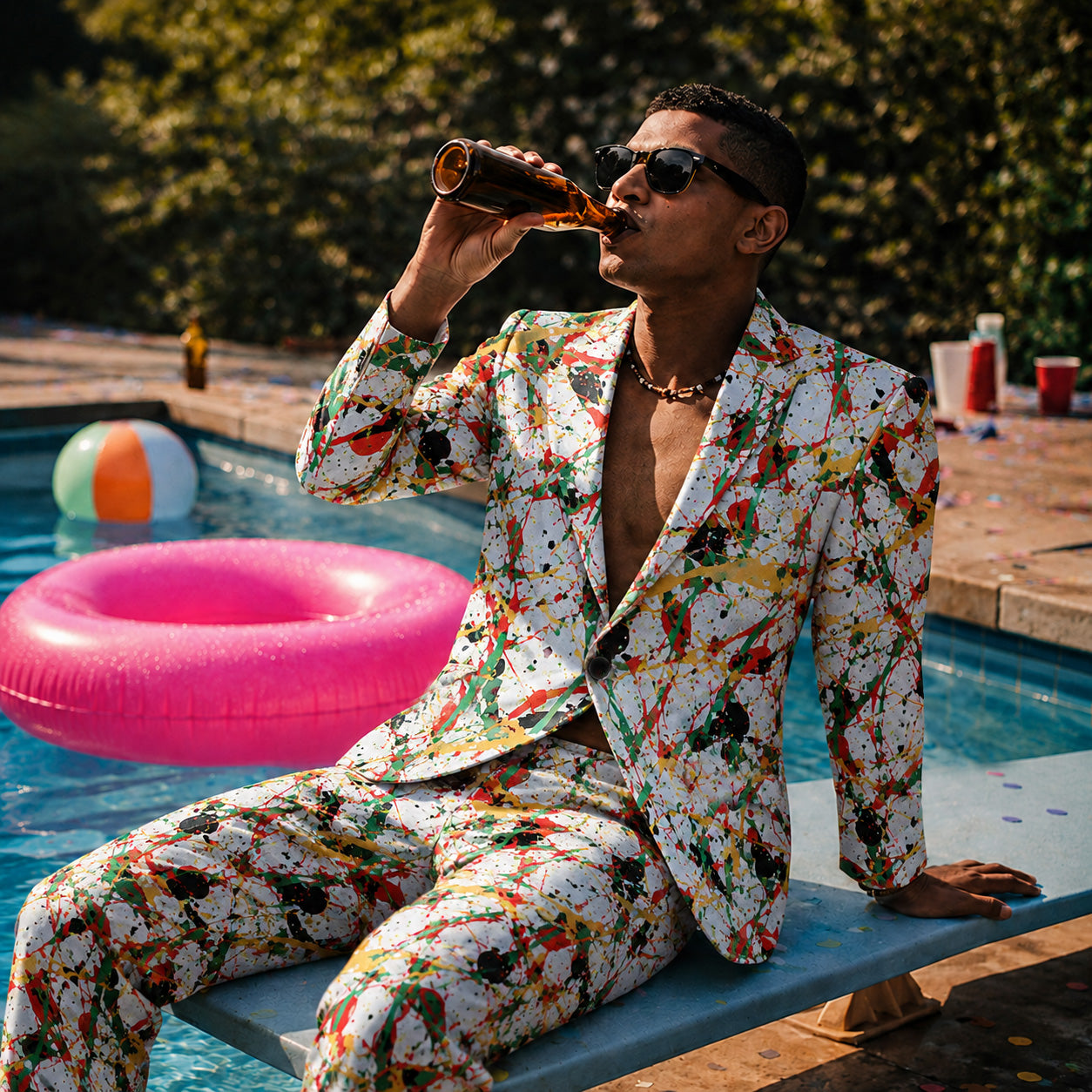 Bring vibrant energy to your next summer gathering or pool party.
A bold, modern white graffiti suit crafted from breathable, all-day comfort fabric.