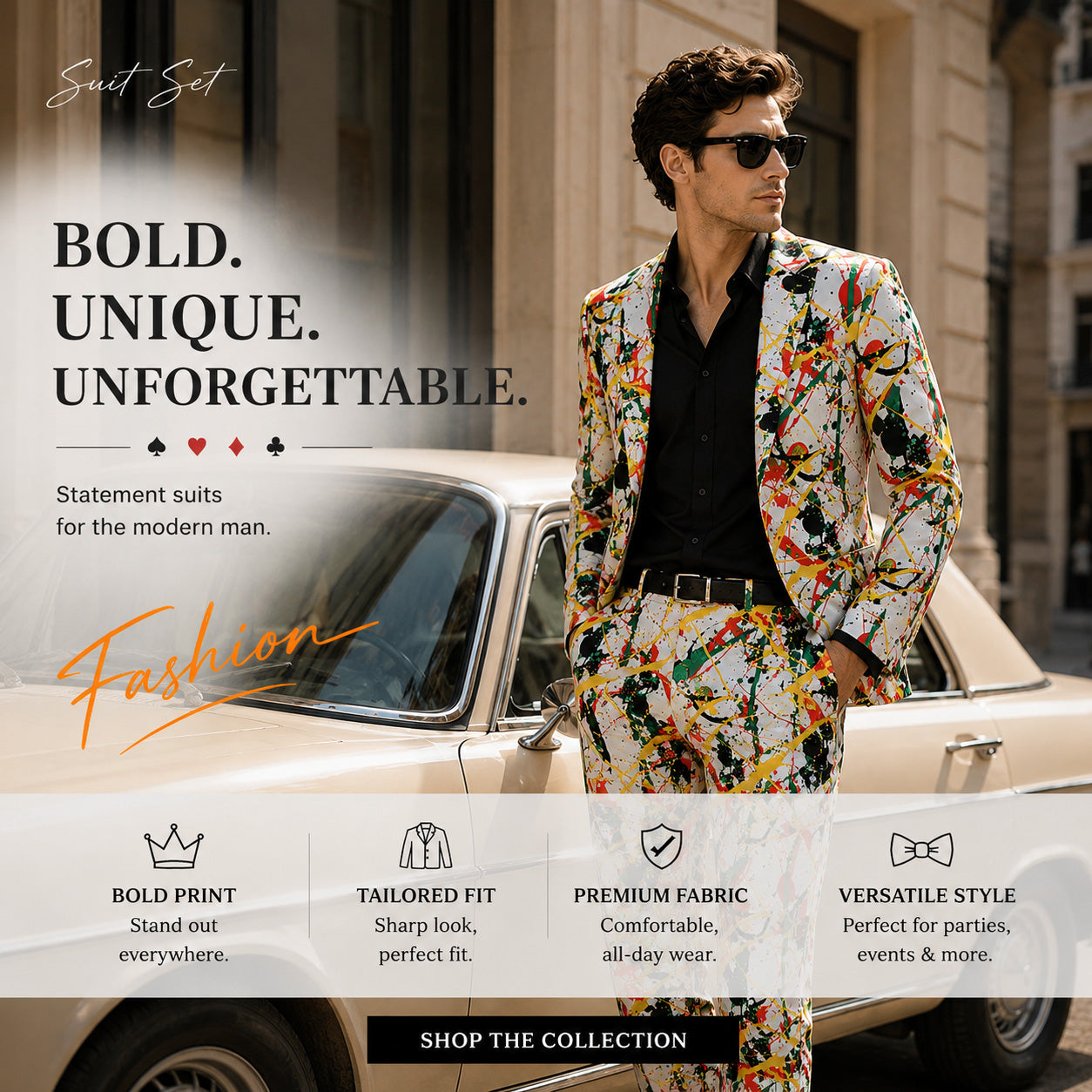 Bold, unique, and unforgettable.
This white multicolored graphic suit blends high-end tailoring with an artistic streetwear edge for the modern man.