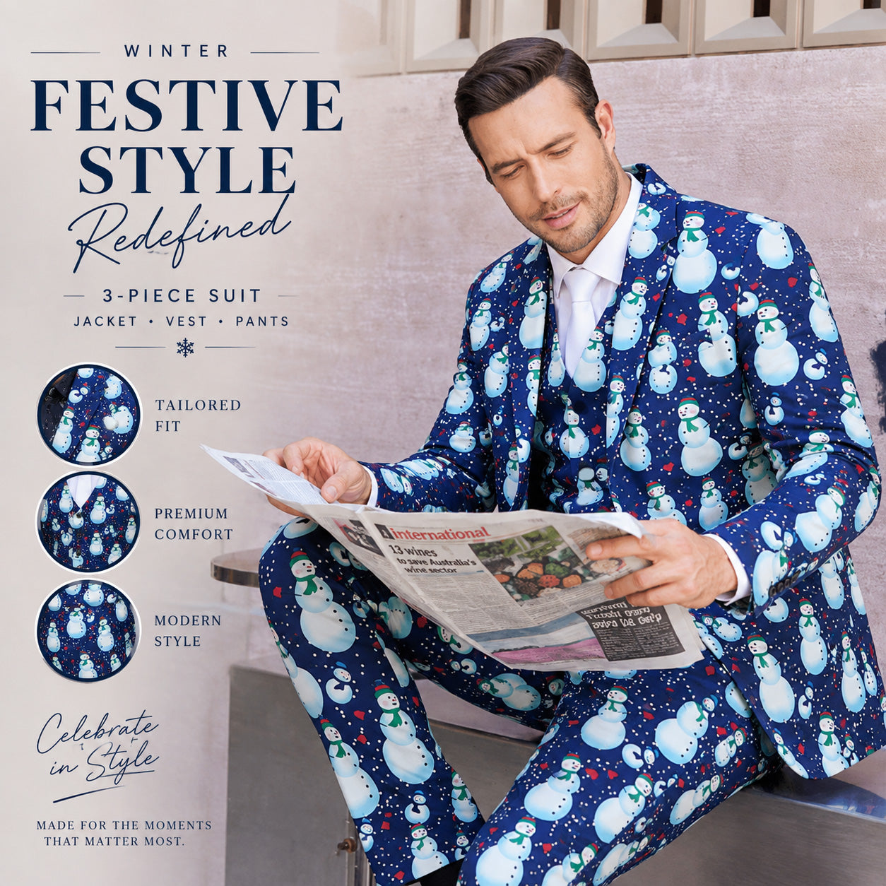 Men's festive snowman 3-piece suit highlight showcase with jacket vest and pants breakdown | WISHOLIC