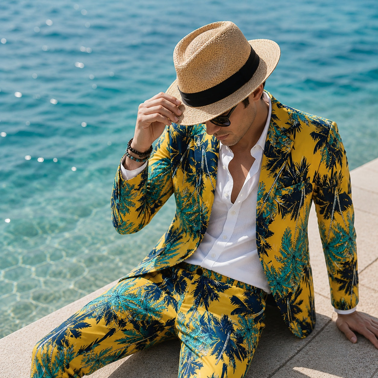 Man in yellow tropical palm tree print suit and straw hat sitting by the pool
