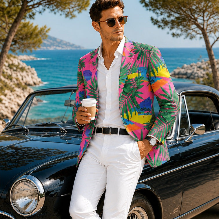 Tropical Vibes Herrenanzug-Set – Bunter Blazer und Hose mit Palmenblattmuster