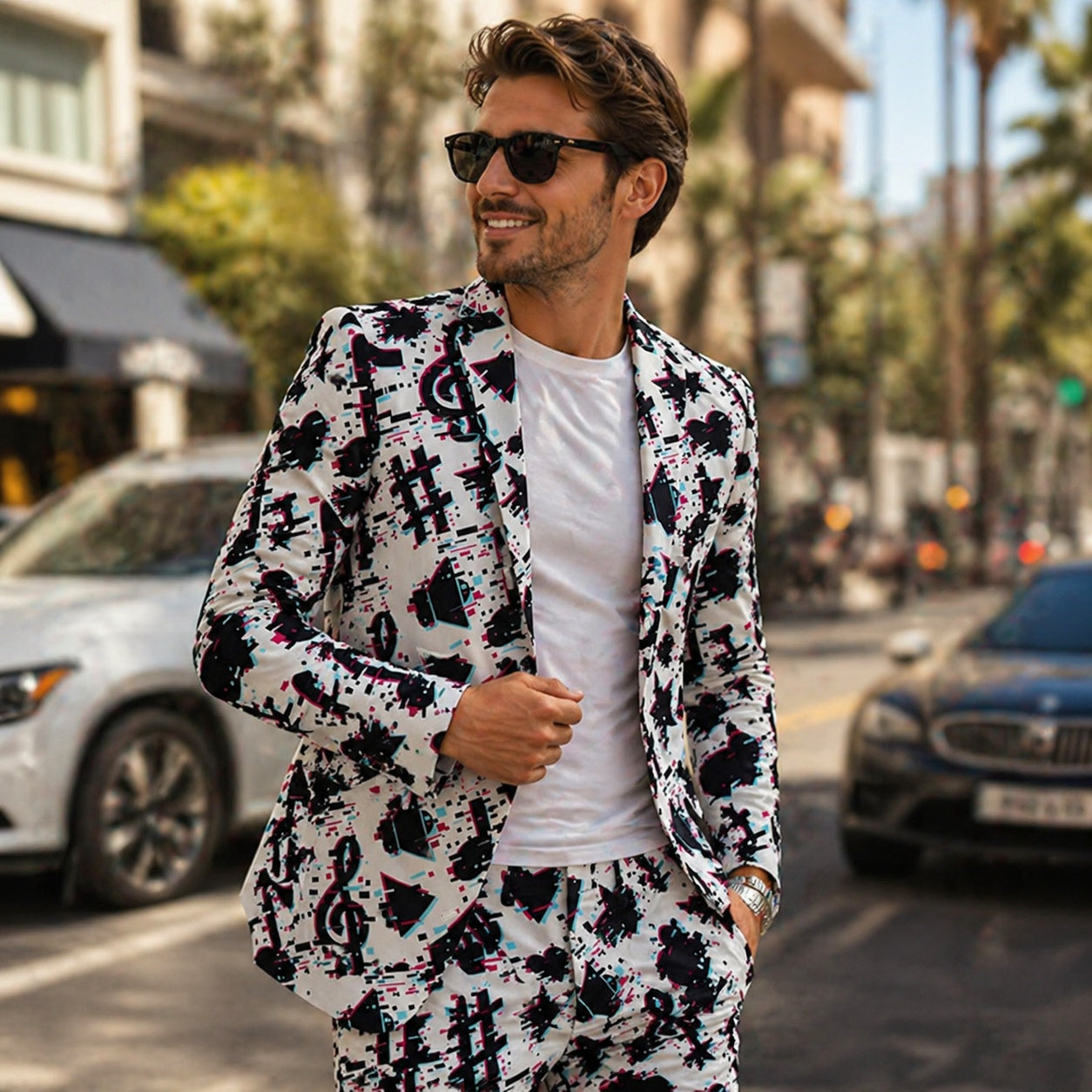 Men's artistic printed blazer with music symbols styled for a high-end urban streetwear look.