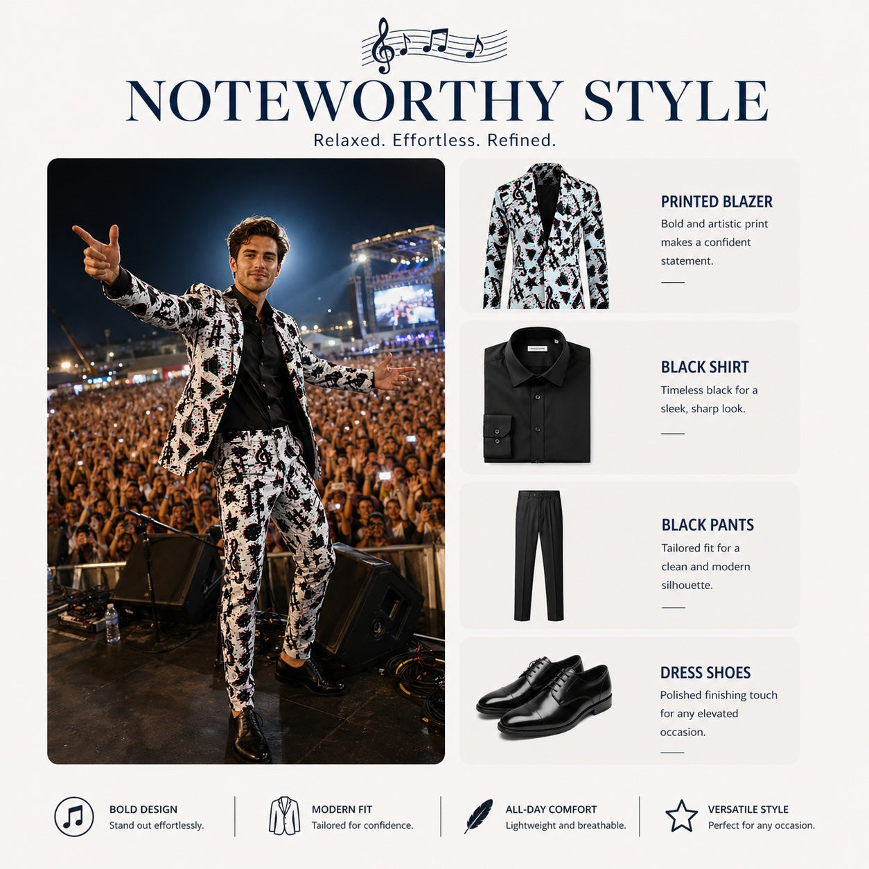 Full set of music note print blazer and pants worn by a man at a music festival concert.