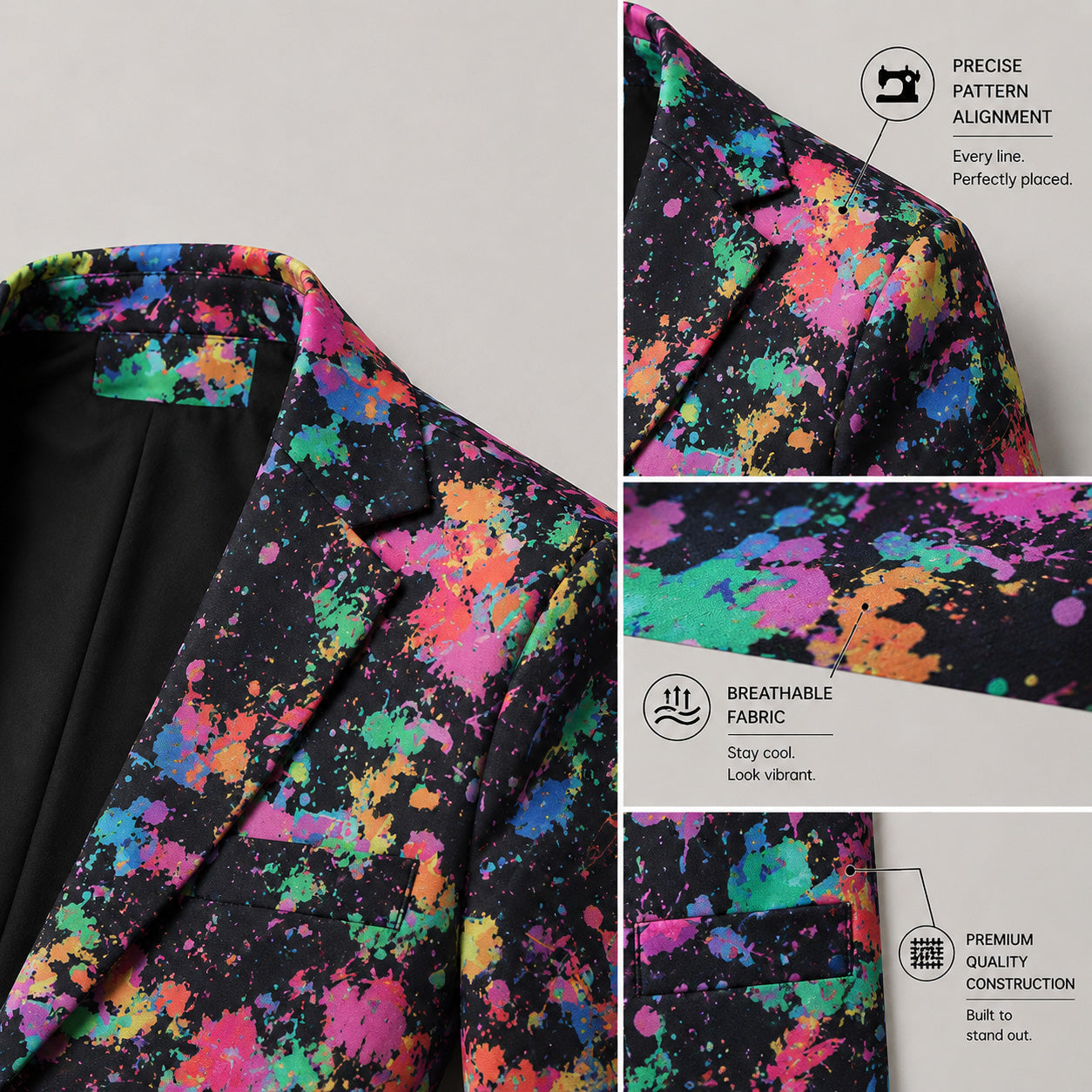 Detailed close-up view of the premium construction, breathable fabric texture, and precise pattern alignment of the WISHOLIC splatter print blazer.