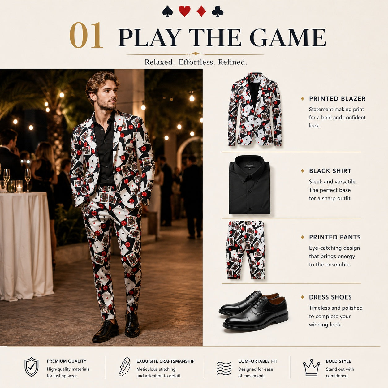 Wisholic 'Play The Game' collection outfit guide featuring playing card blazer, pants, and black dress shirt.