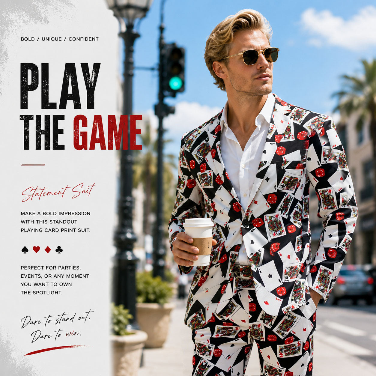 Promotional poster for Wisholic 'Play The Game' statement suit featuring a model holding coffee on a city street.