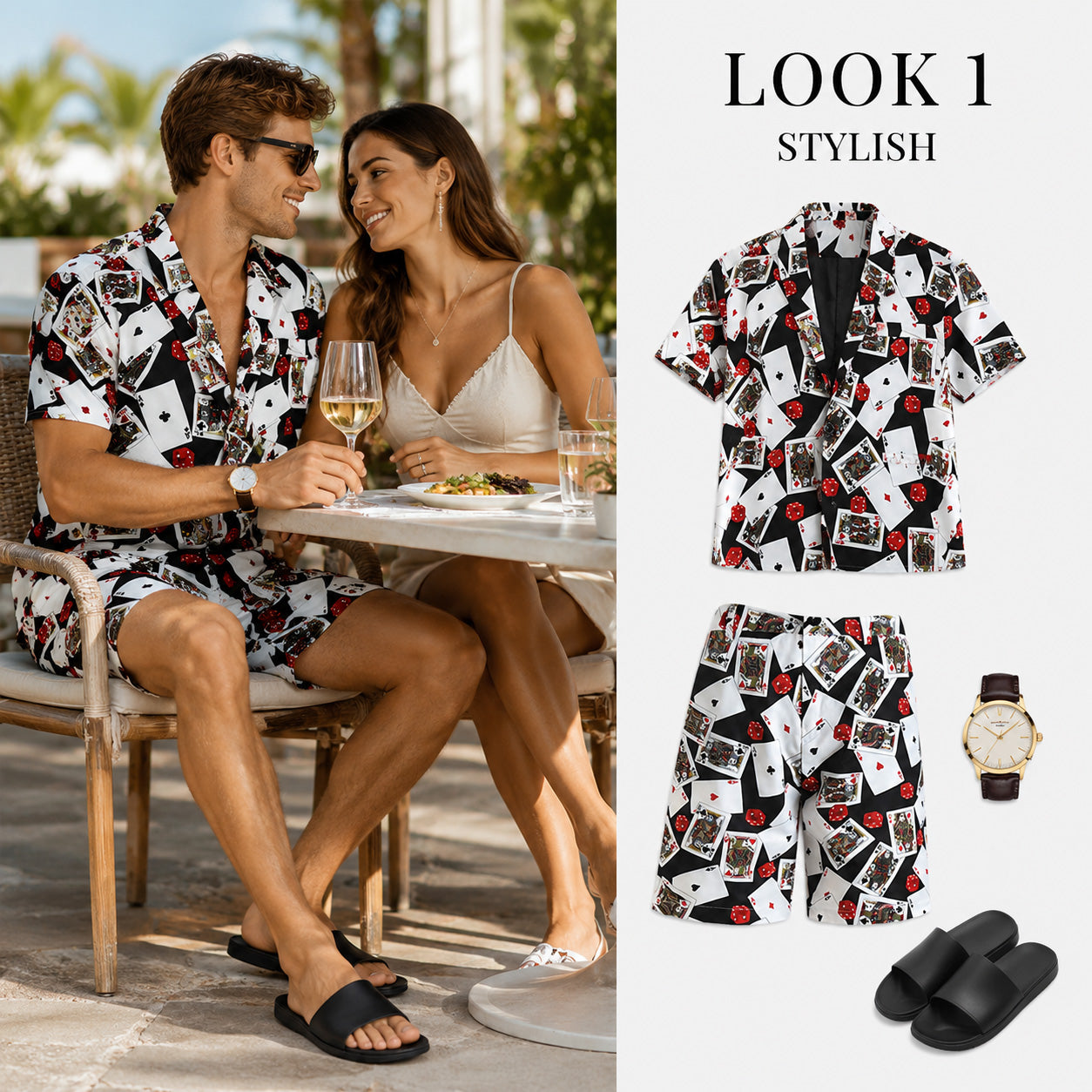 Men's summer look coordination featuring a poker card print short-sleeve shirt, matching shorts, a gold watch, and black slides.