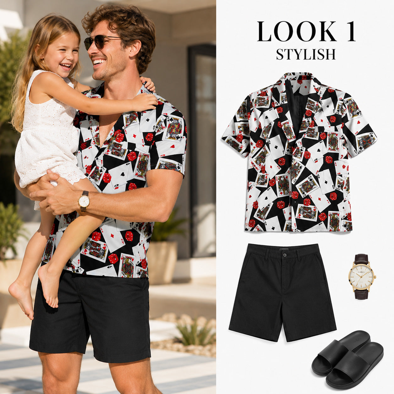 Casual men's summer style pairing a casino theme poker print short-sleeve shirt with solid black shorts and black slides.