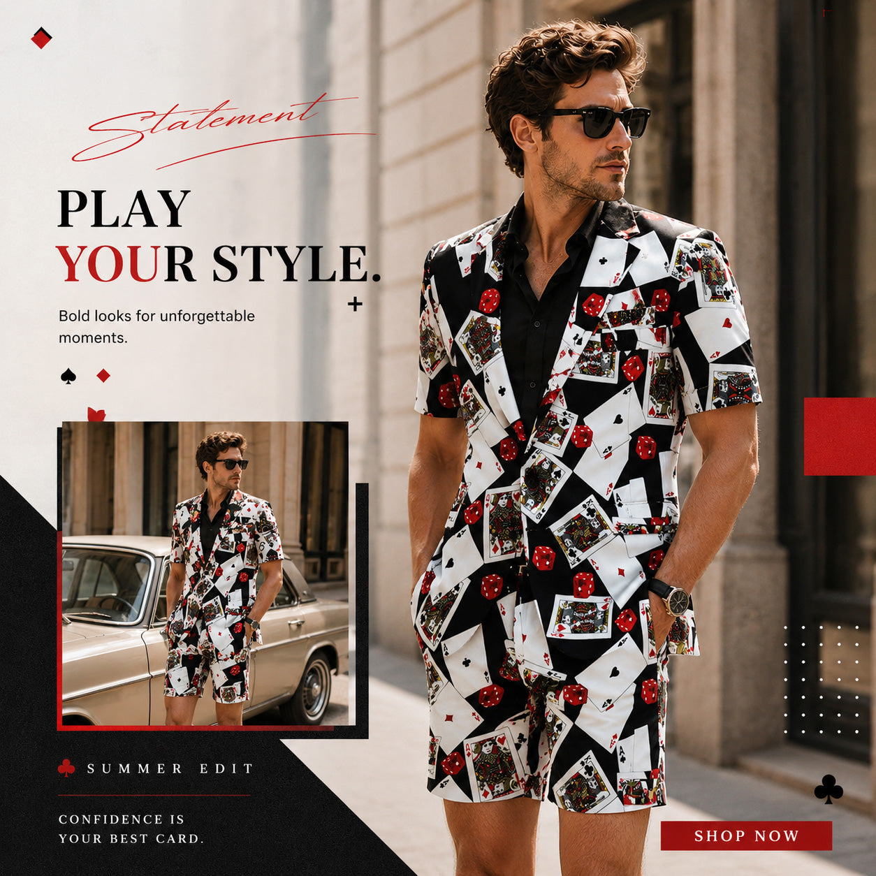 Shopify product campaign banner for men's casino card print summer suit edit with text "PLAY YOUR STYLE".