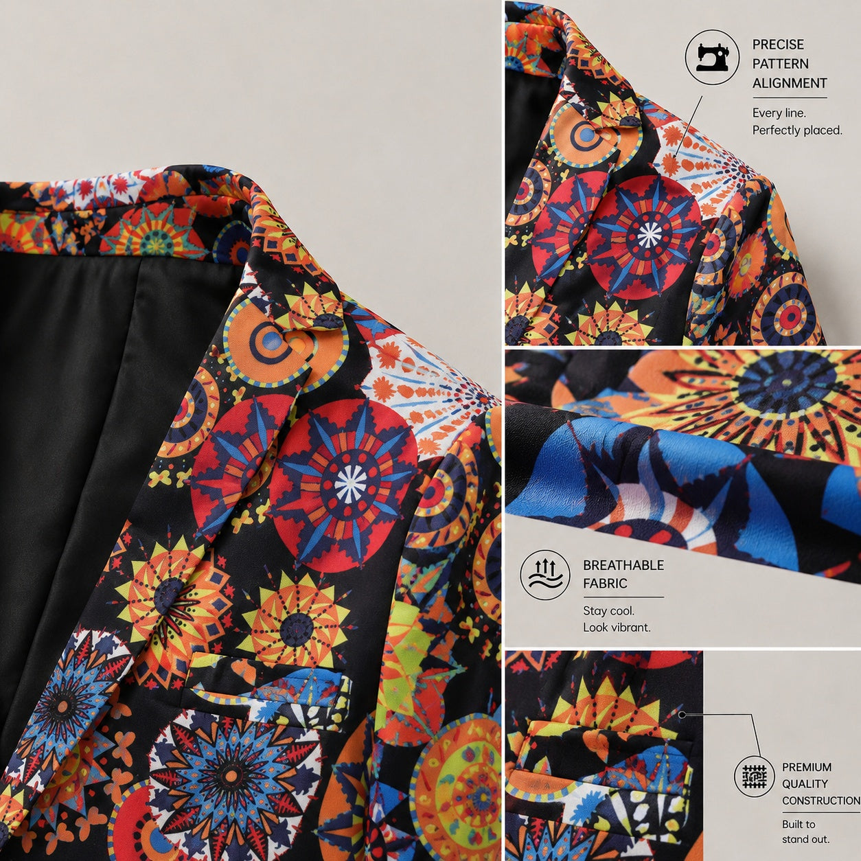 Close-up detail shots of a luxury mens printed suit showcasing precise pattern alignment, premium quality fabric texture, and clean pocket construction.