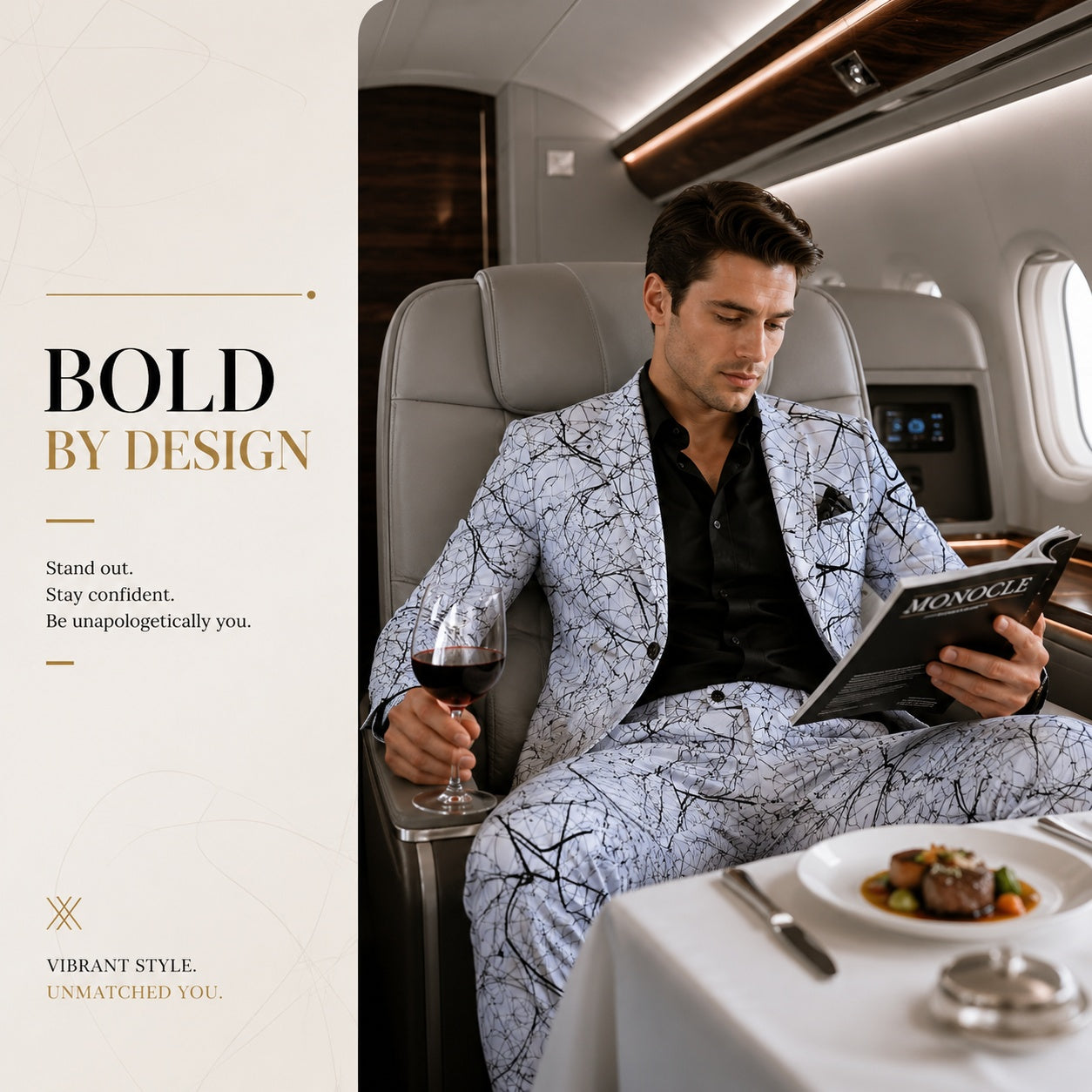 Man wearing a high-end artistic printed suit reading a magazine in a luxury private jet cabin.