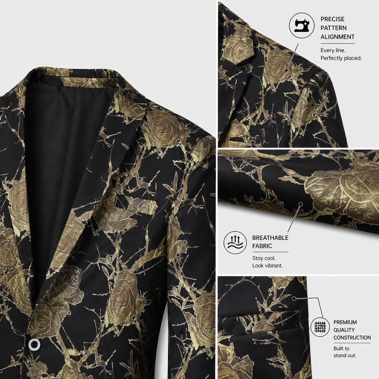 Detailed close-up of the premium quality construction, precise pattern alignment, and breathable fabric of the gold rose suit.