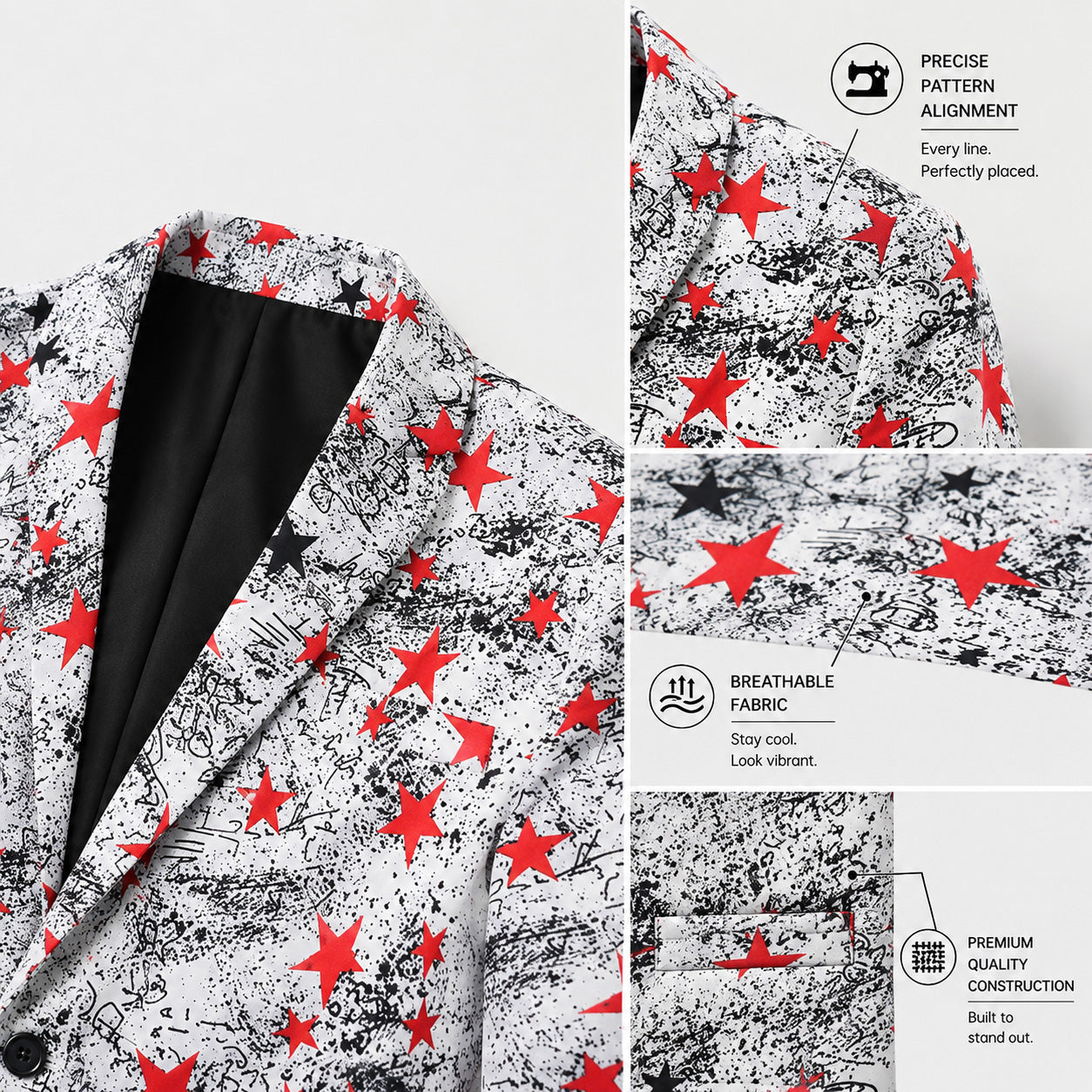 Close-up product details of a men's printed blazer highlighting the precise pattern alignment, breathable lightweight fabric, and premium pocket construction.