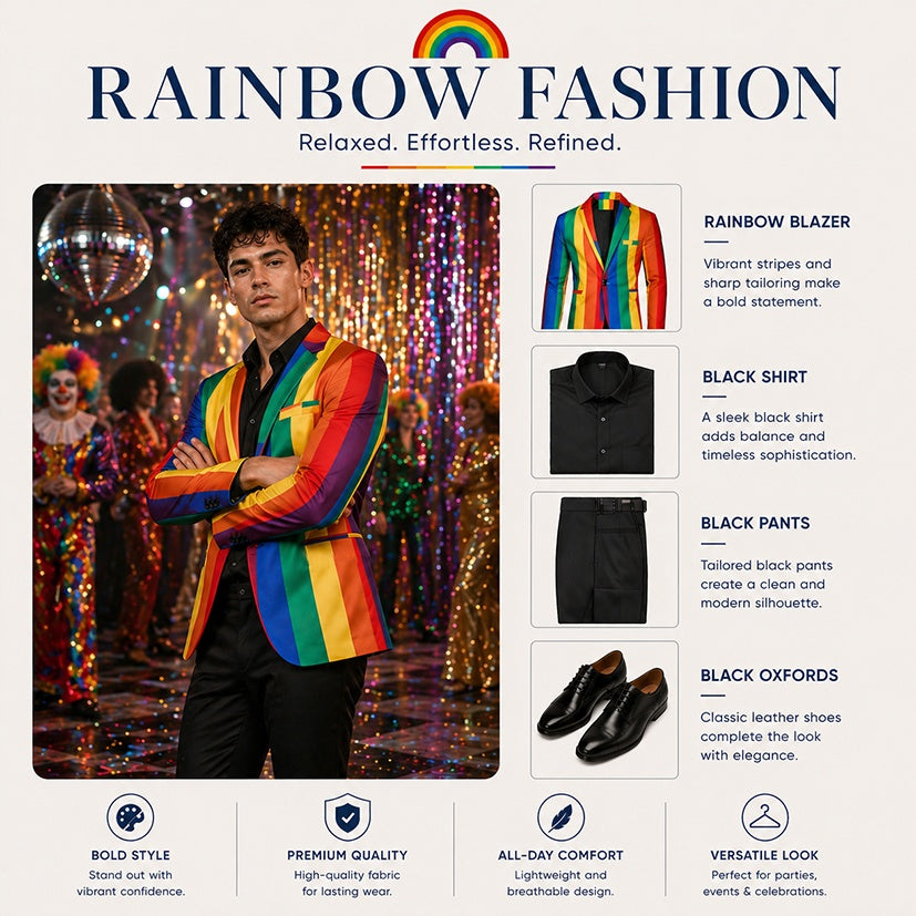 Menswear styling inspiration showing a rainbow striped jacket paired with sleek tailored black trousers.