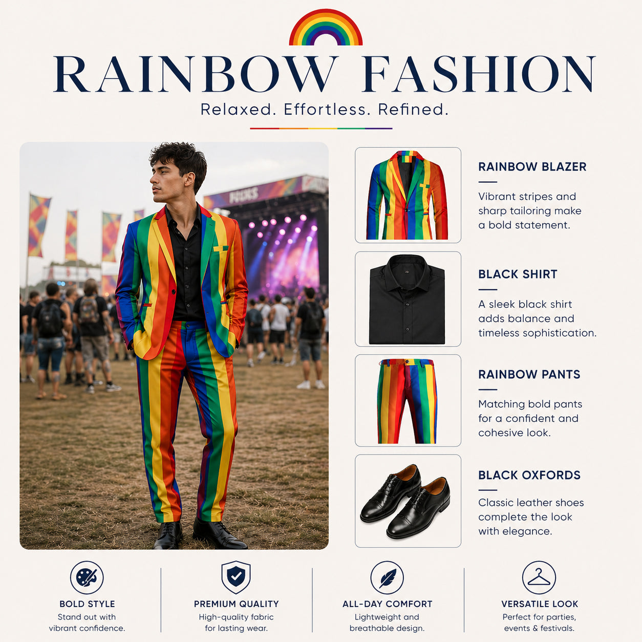 Complete festival outfit guide featuring a rainbow blazer, black shirt, and matching colorful trousers.