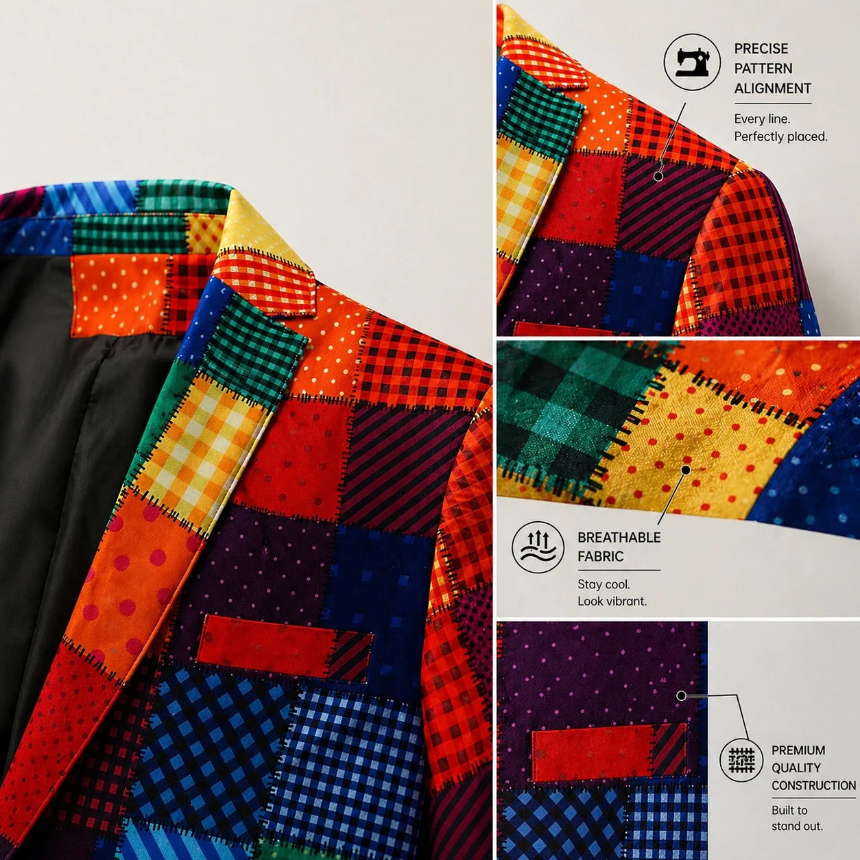 Close-up detail shots of the rainbow patchwork suit collar and pocket, highlighting the precise pattern alignment, breathable premium fabric, and high-quality construction.
