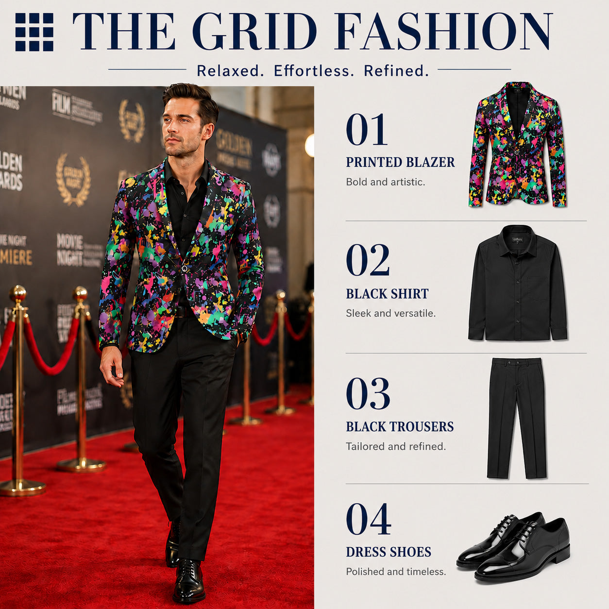 Infographic showcasing red carpet menswear styling with a bold splatter print blazer, tailored black trousers, and polished dress shoes.