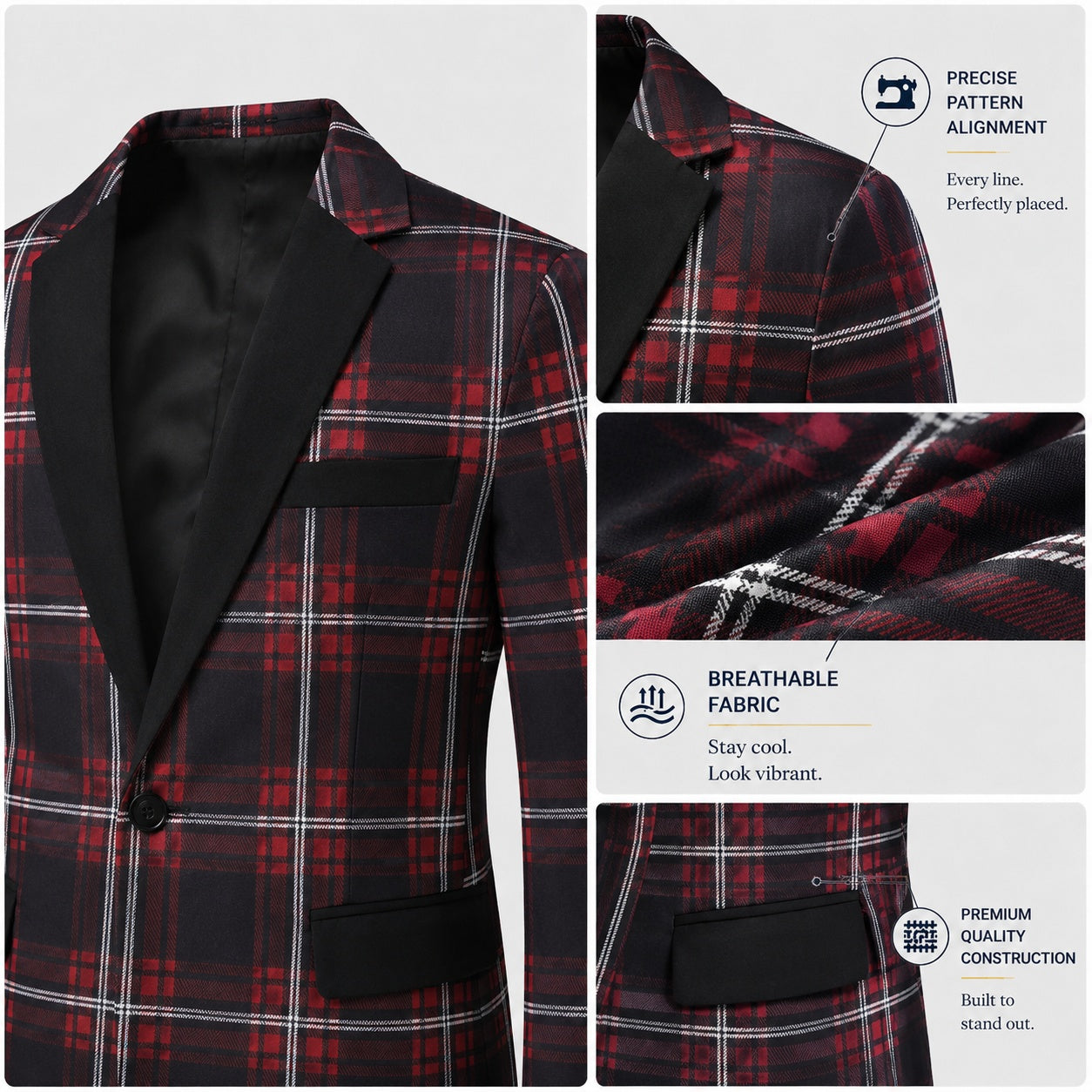Close-up product details of a red plaid blazer highlighting precise pattern alignment, breathable premium fabric, and high-quality pocket construction.