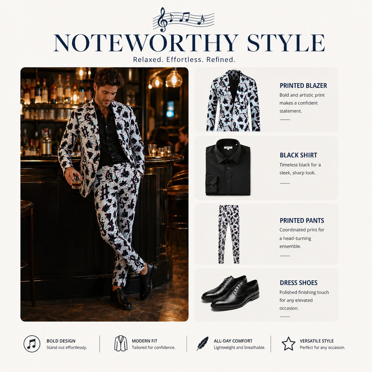 Full set of music note print blazer and pants worn by a man at a music festival concert.