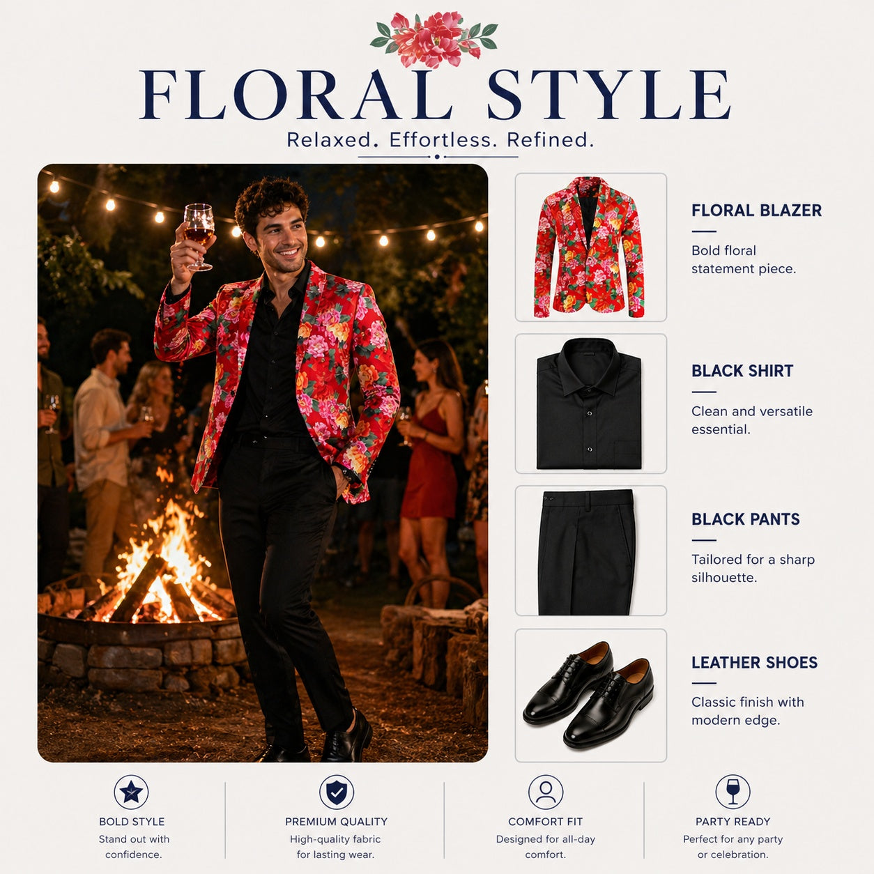 Menswear styling showing a red floral statement blazer paired with tailored black pants for a refined evening bonfire event.