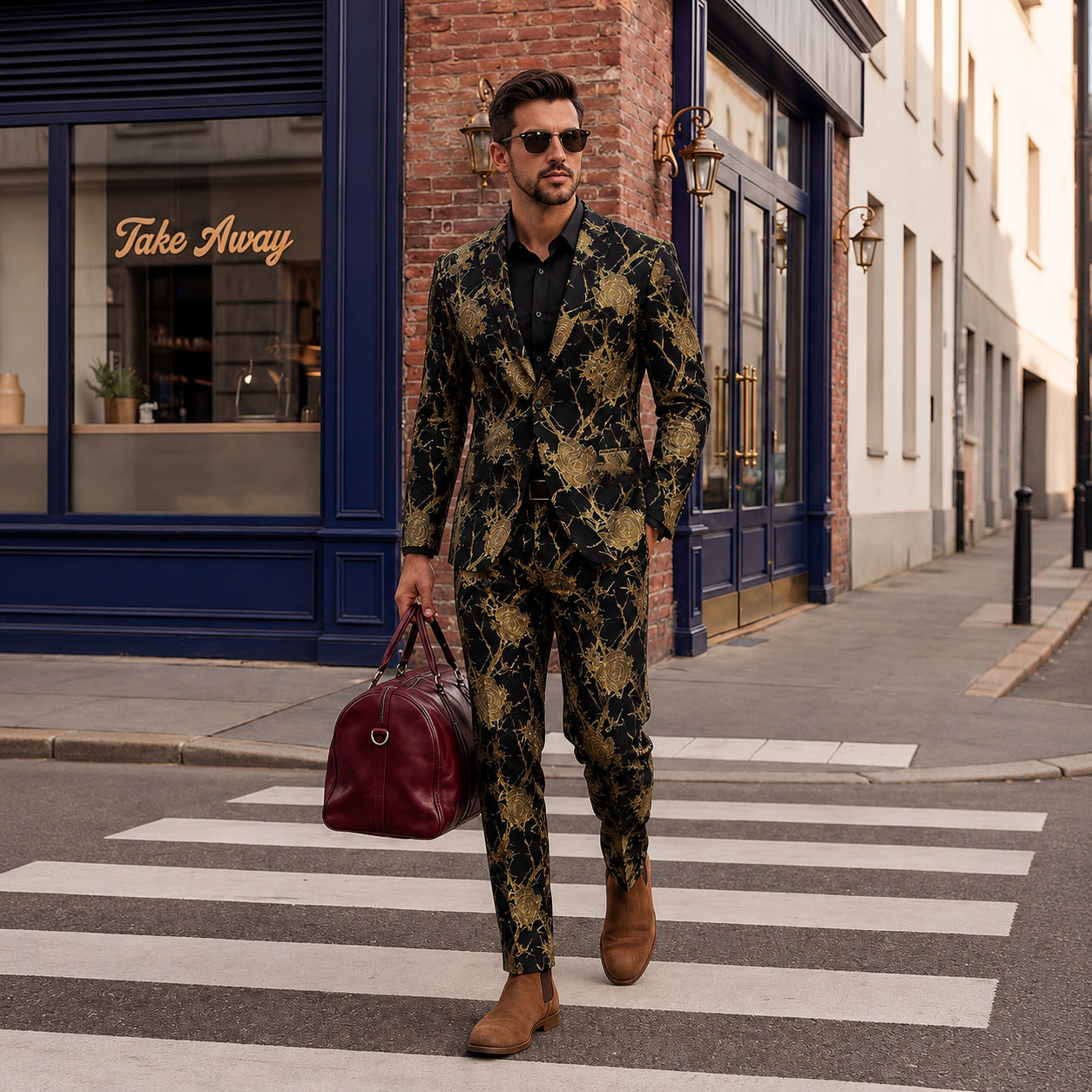 Man walking across a street wearing a stylish gold and black floral suit, holding a burgundy leather duffle bag.
