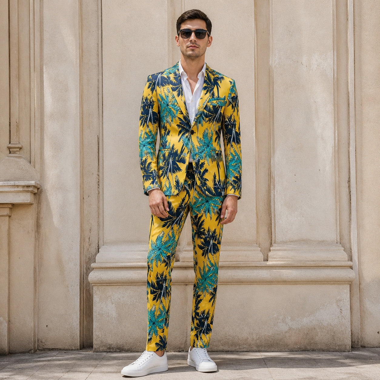 Full body shot of slim fit men's yellow tropical suit with white sneakers