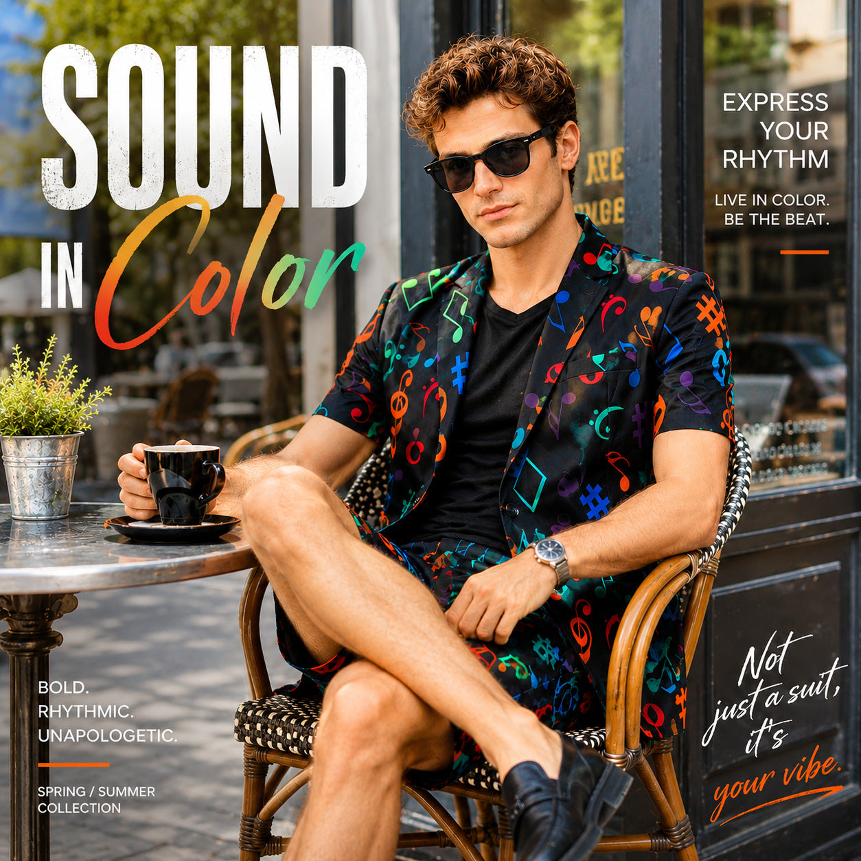 Sound in Color spring summer collection campaign featuring a man in a musical note pattern short sleeve blazer at an outdoor cafe.